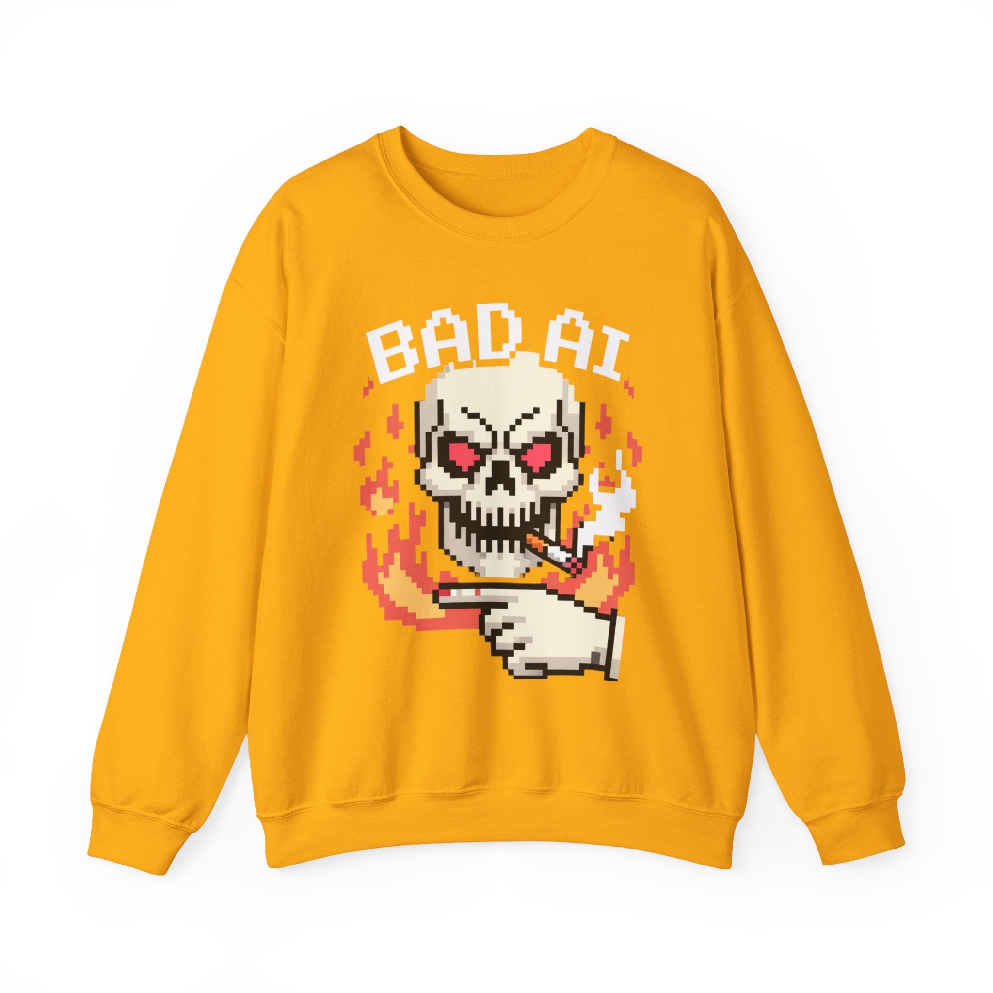 Bad AI Skull on Fire "CYBER BONE COMMAND" Pixel Art Sweatshirt