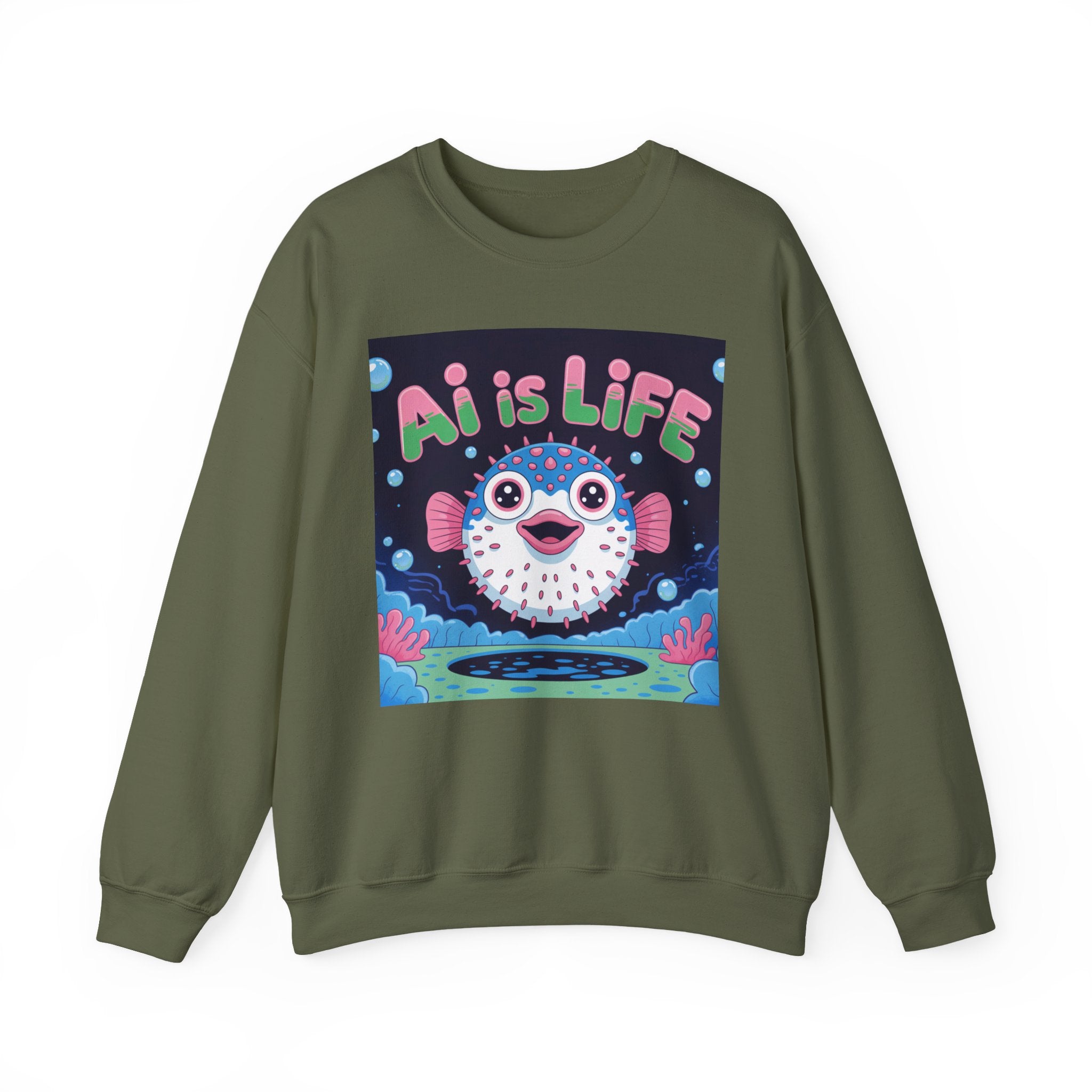 AI is LIFE “Happy Blowfish Energy” of Unisex Heavy Blend™ Crewneck Sweatshirt