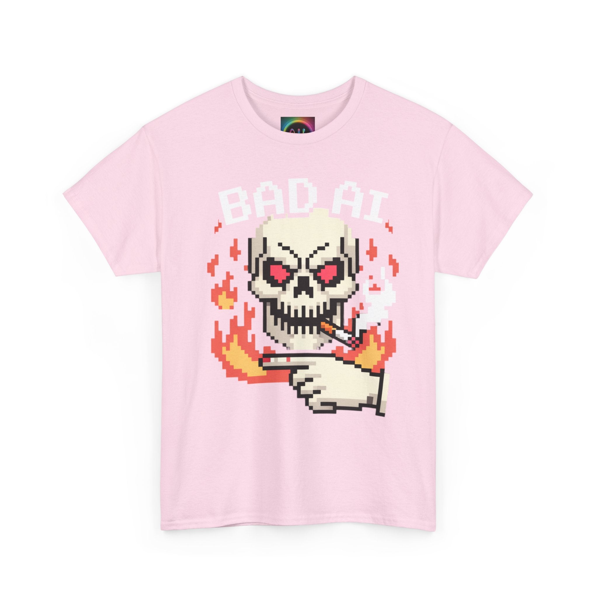 Bad AI Skull on Fire "CYBER BONE COMMAND" Pixel Art T-Shirt
