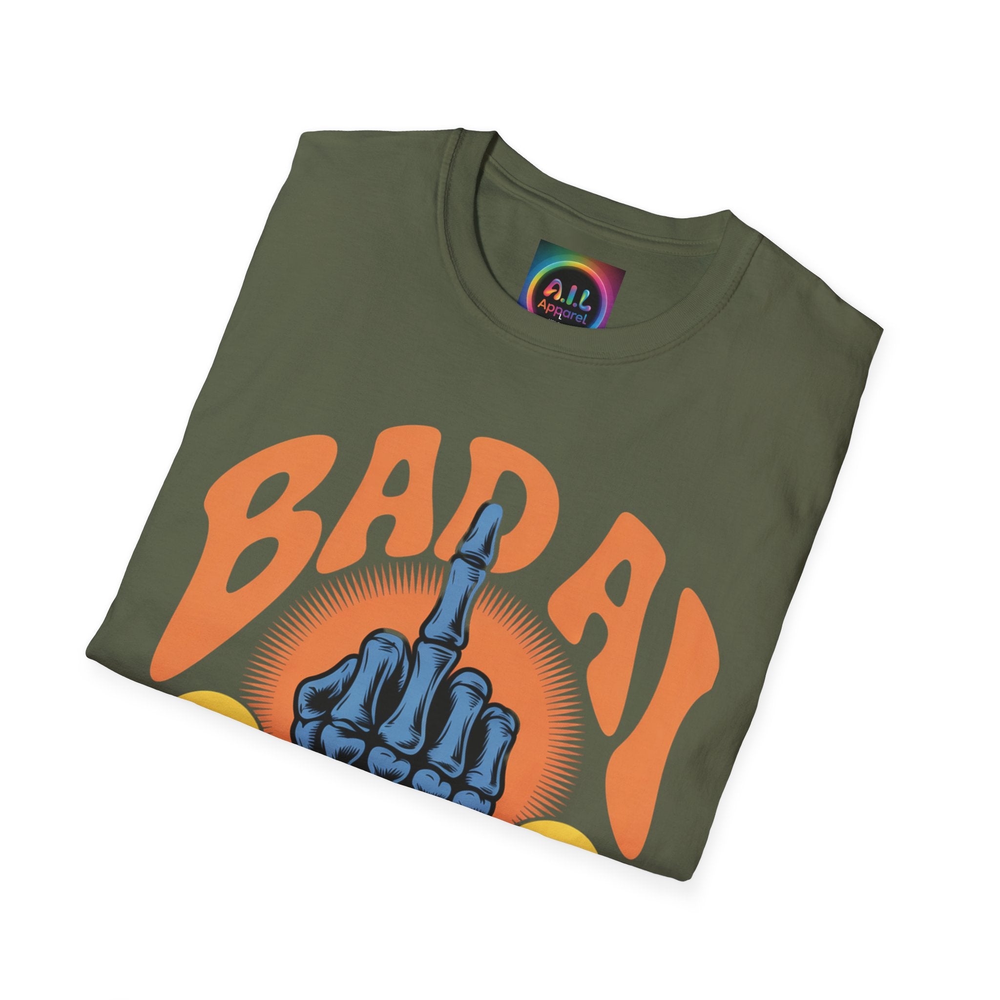 Bad AI Graphic T-Shirt — Middle Finger Skeleton Hand with Smiley Faces