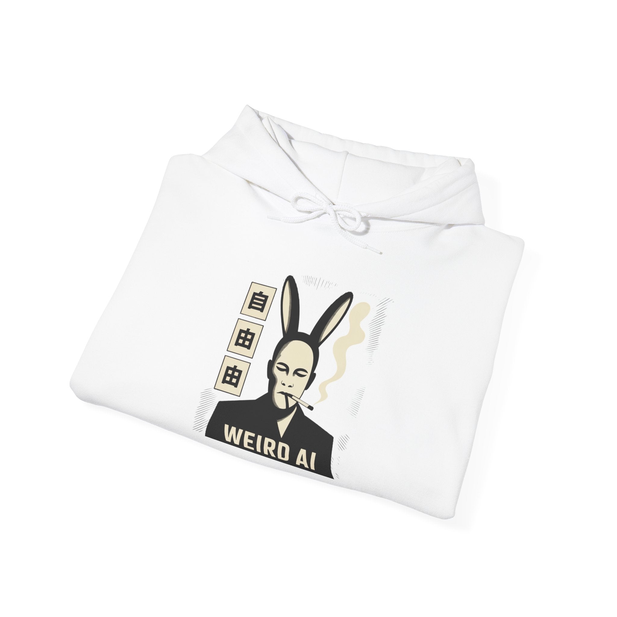Weird AI Tee "CYBER RABBIT NOIR" Retro Bunny-Masked AI Graphic Hoodie