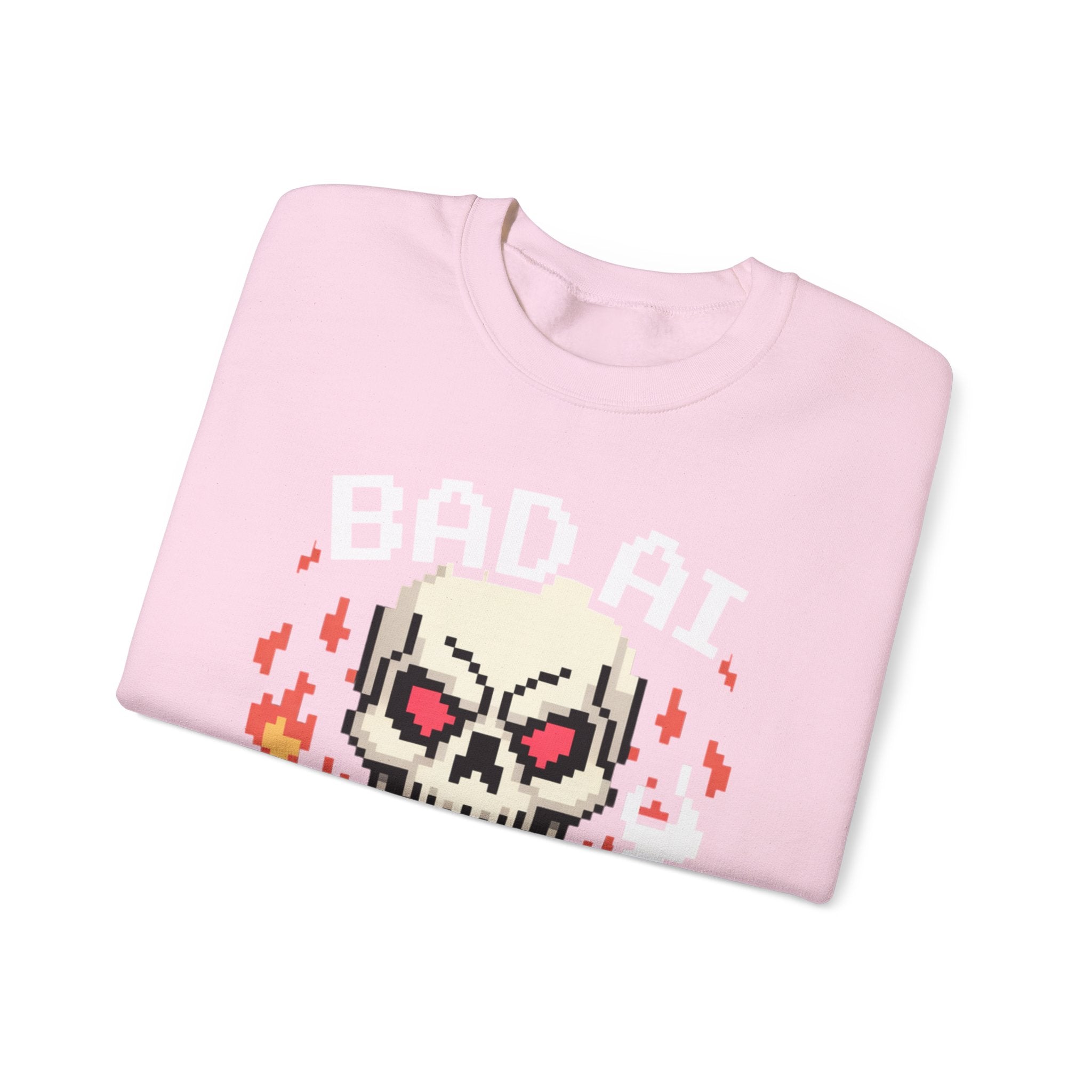 Bad AI Skull on Fire "CYBER BONE COMMAND" Pixel Art Sweatshirt