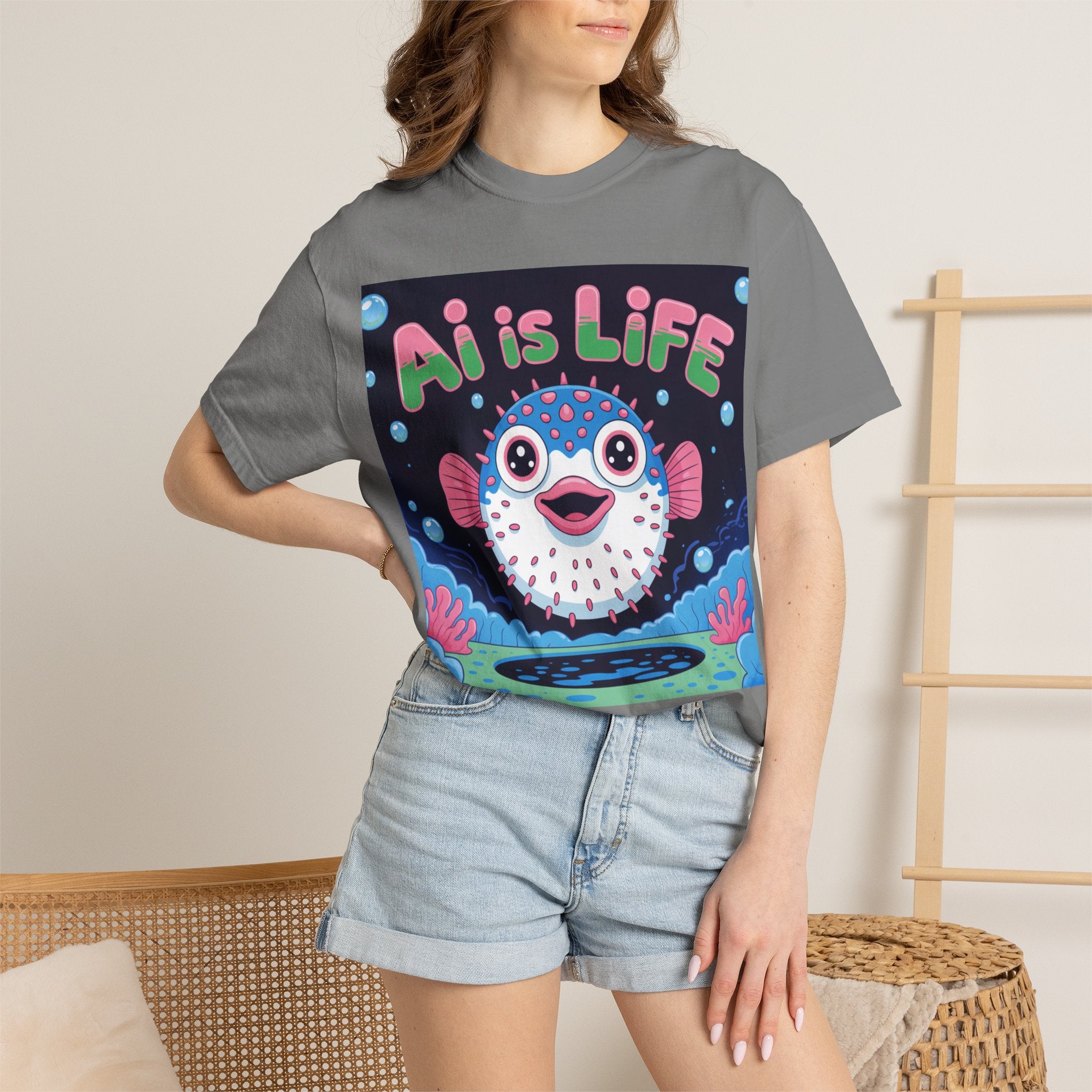 AI is LIFE  “Happy Blowfish Energy” ( Unisex Garment-Dyed T-shirt)