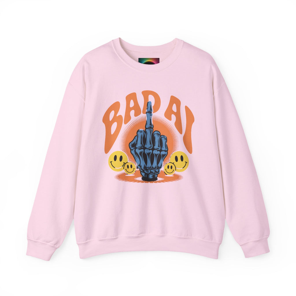 Bad AI Graphic Sweatshirt — Middle Finger Skeleton Hand with Smiley Faces
