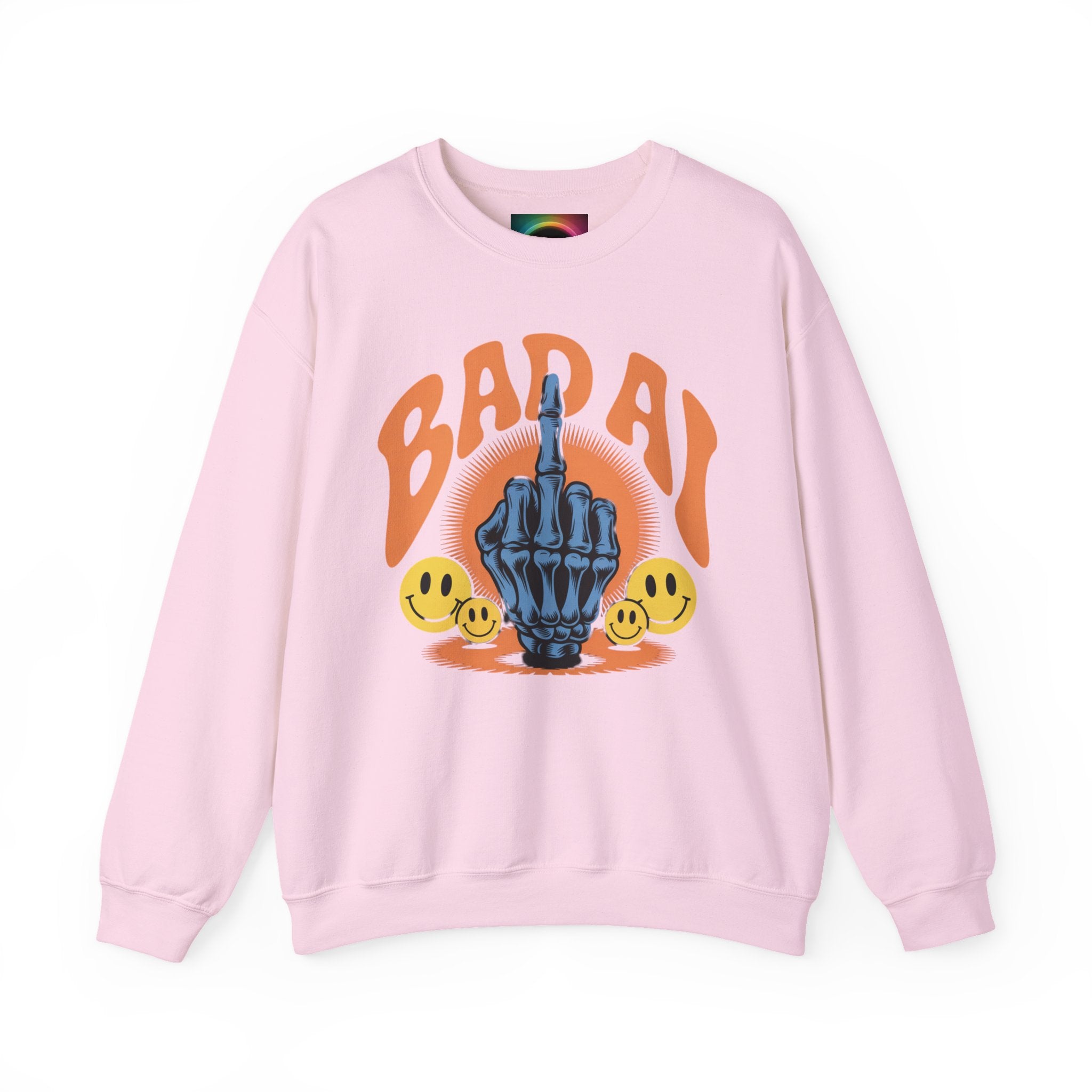 Bad AI Graphic Sweatshirt — Middle Finger Skeleton Hand with Smiley Faces