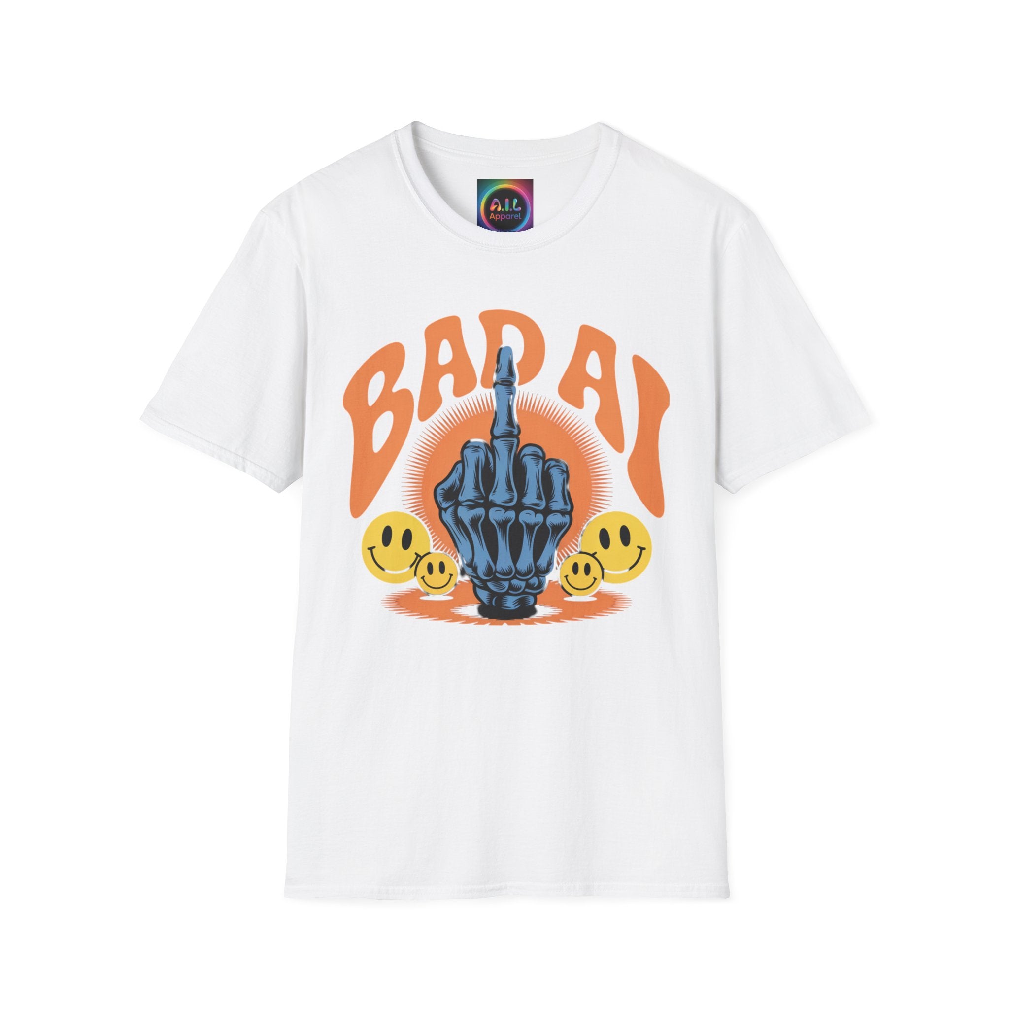 Bad AI Graphic T-Shirt — Middle Finger Skeleton Hand with Smiley Faces