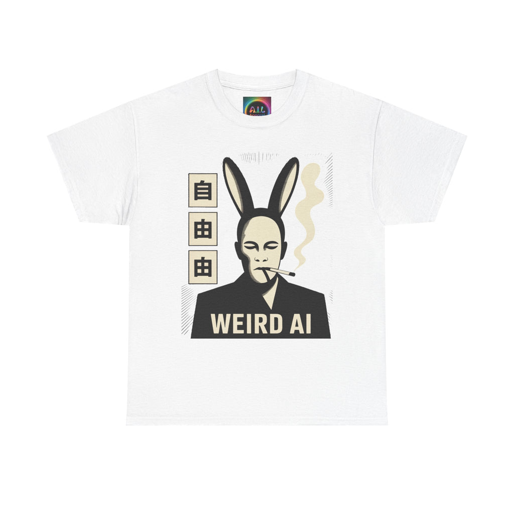 Weird AI Tee "CYBER RABBIT NOIR" Retro Bunny-Masked AI Graphic T-Shirt