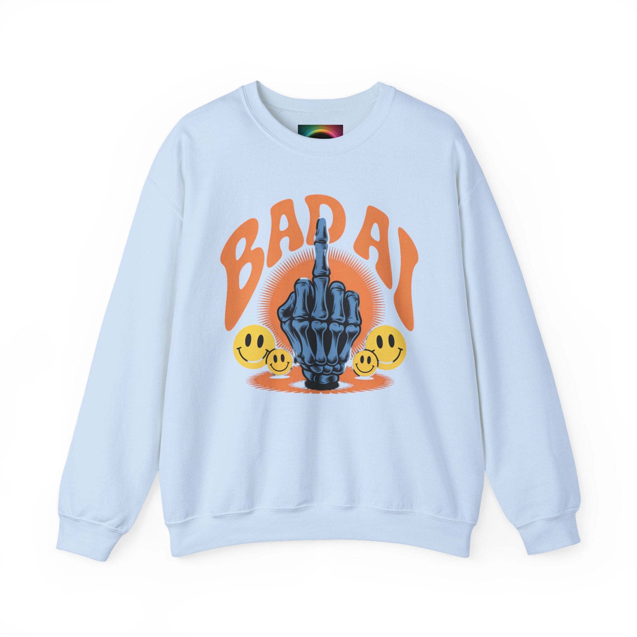 Bad AI Graphic Sweatshirt — Middle Finger Skeleton Hand with Smiley Faces