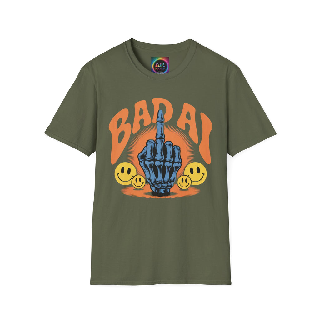 Bad AI Graphic T-Shirt — Middle Finger Skeleton Hand with Smiley Faces