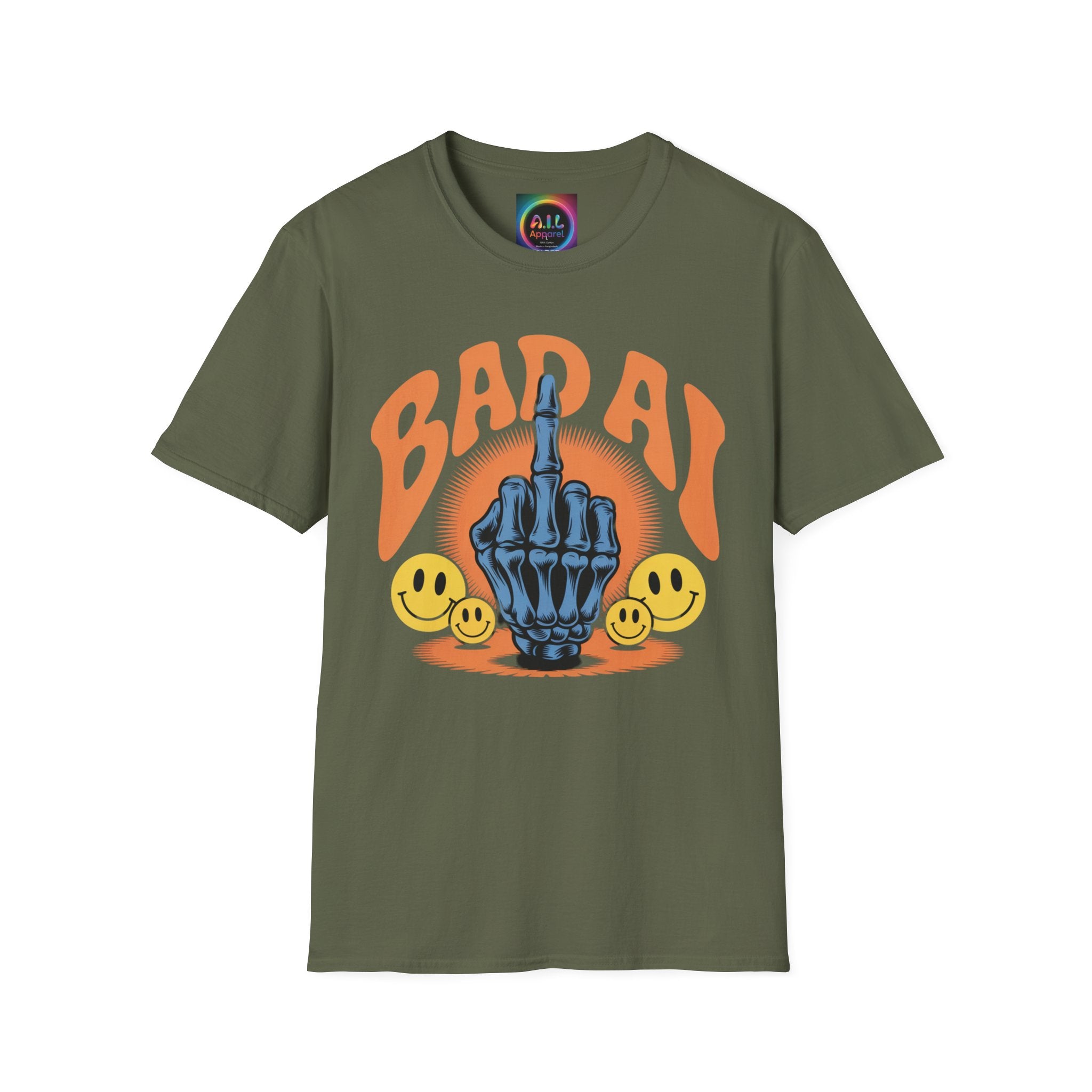 Bad AI Graphic T-Shirt — Middle Finger Skeleton Hand with Smiley Faces
