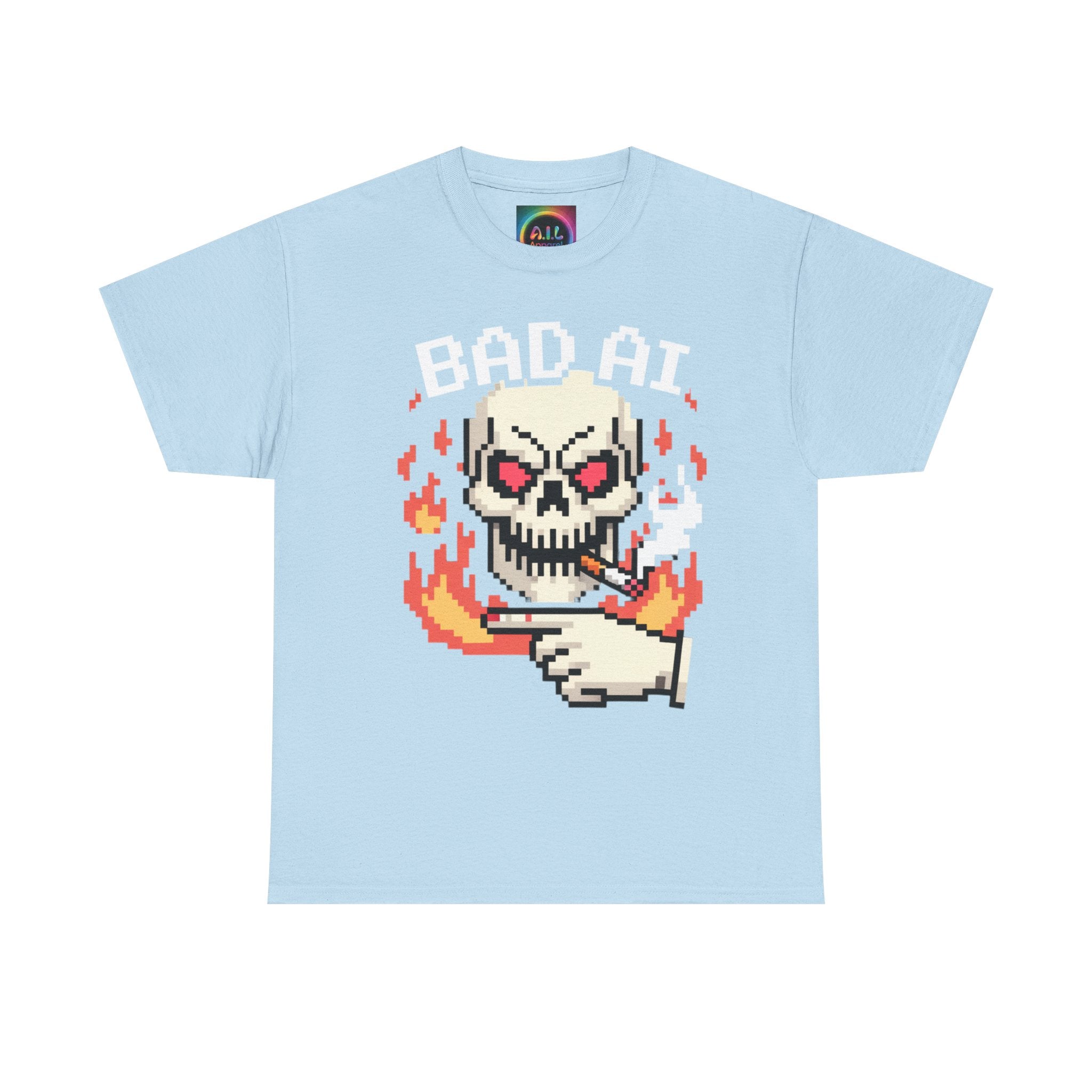 Bad AI Skull on Fire "CYBER BONE COMMAND" Pixel Art T-Shirt