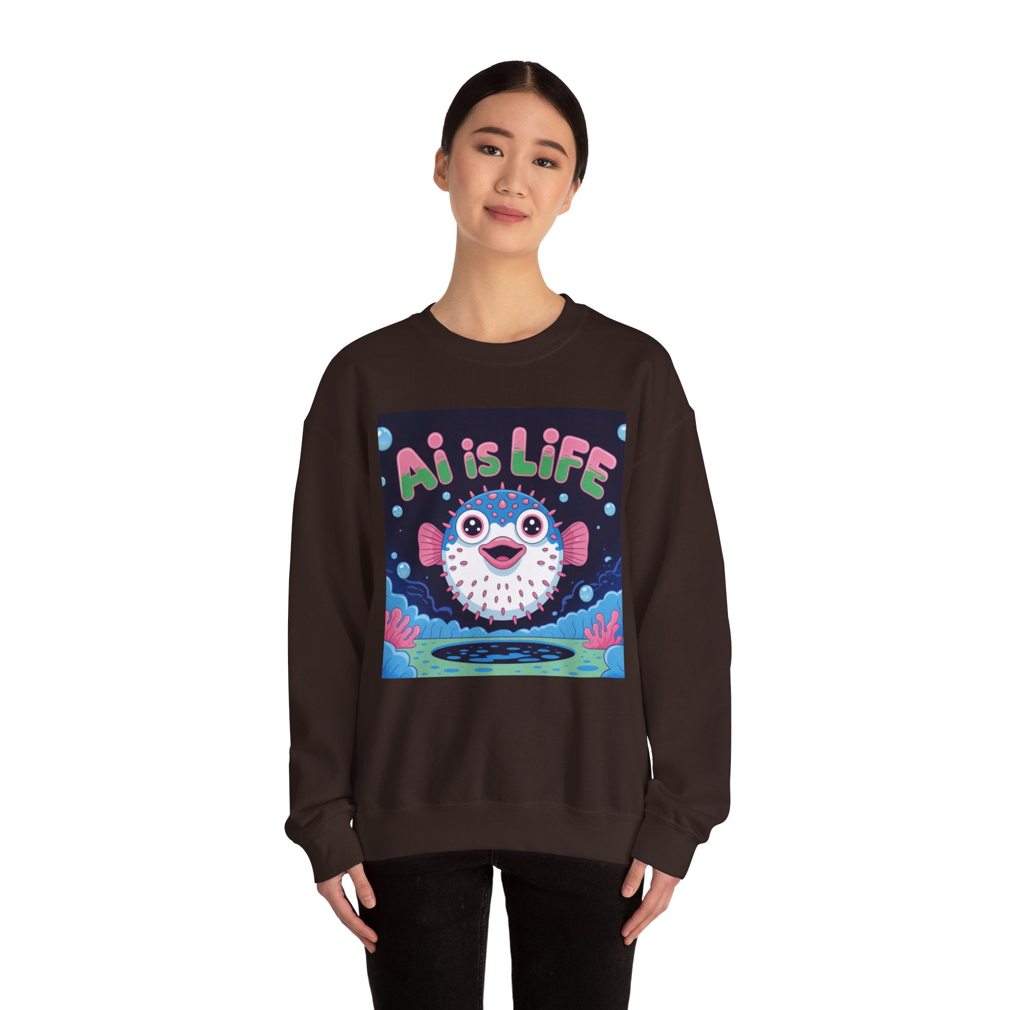AI is LIFE “Happy Blowfish Energy” of Unisex Heavy Blend™ Crewneck Sweatshirt