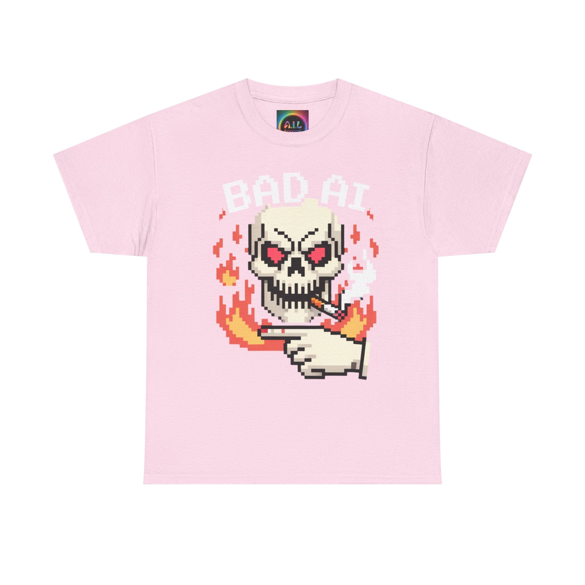 Bad AI Skull on Fire "CYBER BONE COMMAND" Pixel Art T-Shirt