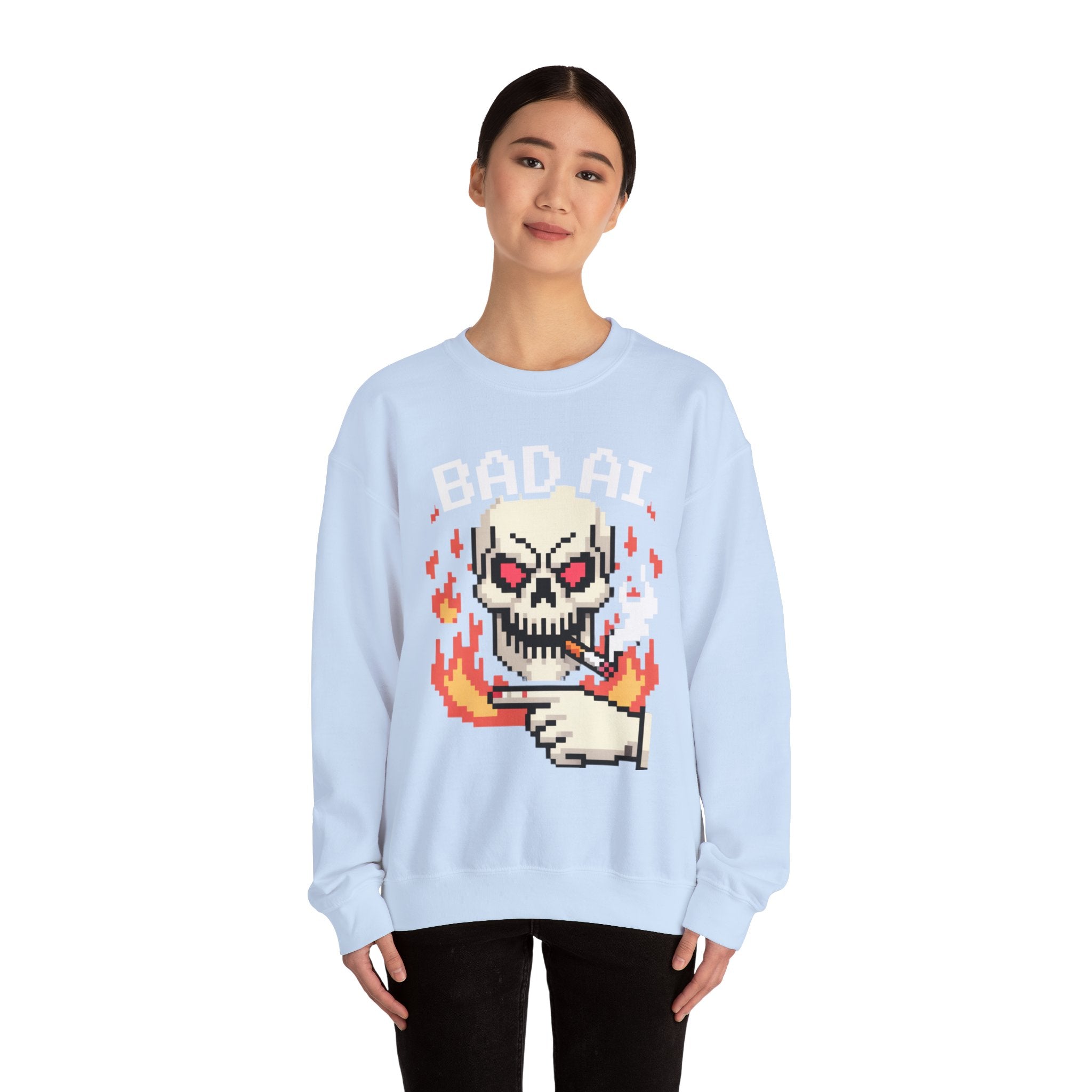 Bad AI Skull on Fire "CYBER BONE COMMAND" Pixel Art Sweatshirt
