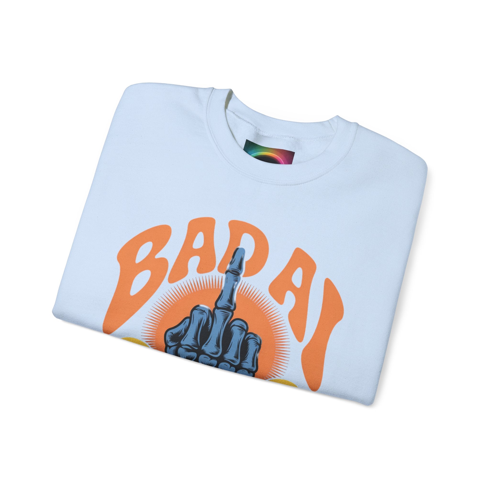 Bad AI Graphic Sweatshirt — Middle Finger Skeleton Hand with Smiley Faces