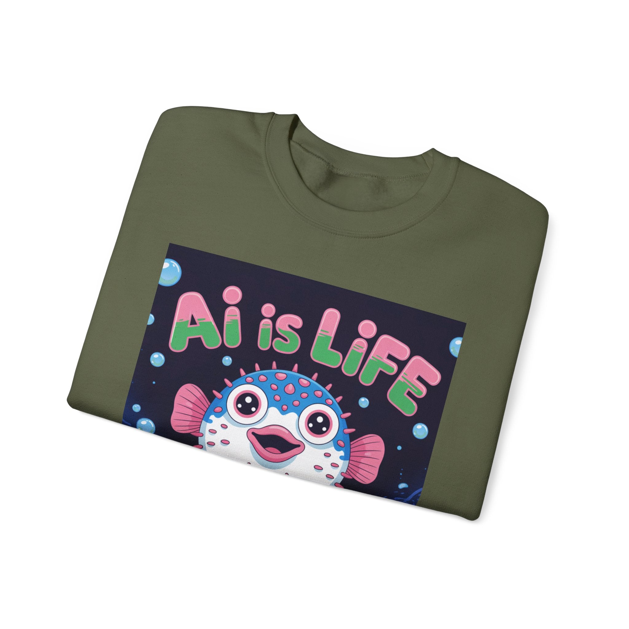AI is LIFE “Happy Blowfish Energy” of Unisex Heavy Blend™ Crewneck Sweatshirt