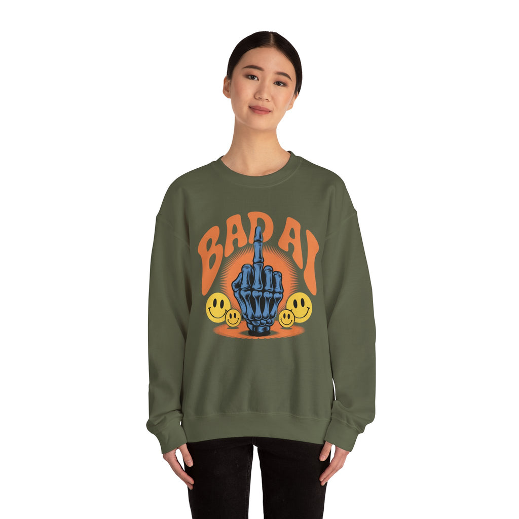 Bad AI Graphic Sweatshirt — Middle Finger Skeleton Hand with Smiley Faces