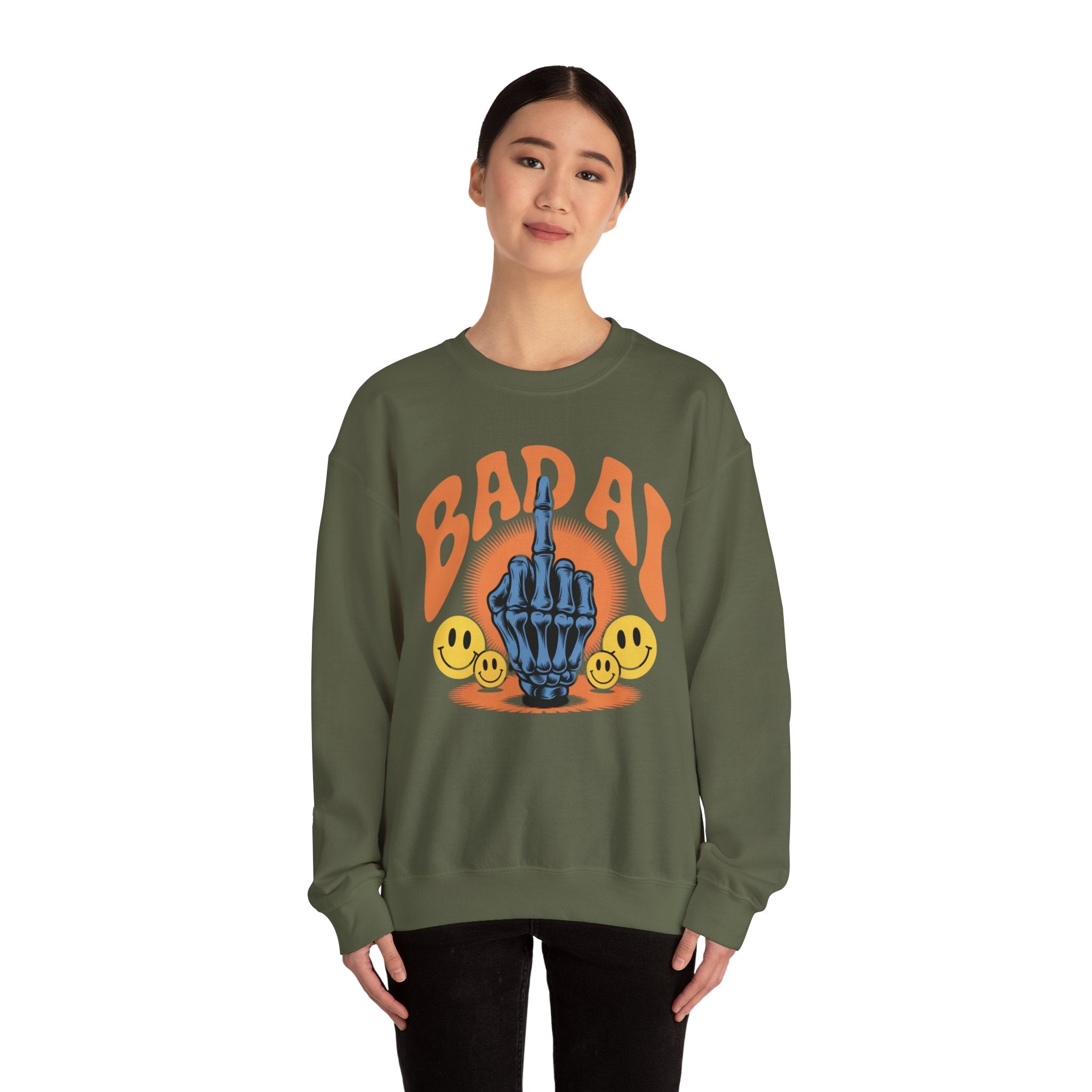 Bad AI Graphic Sweatshirt — Middle Finger Skeleton Hand with Smiley Faces