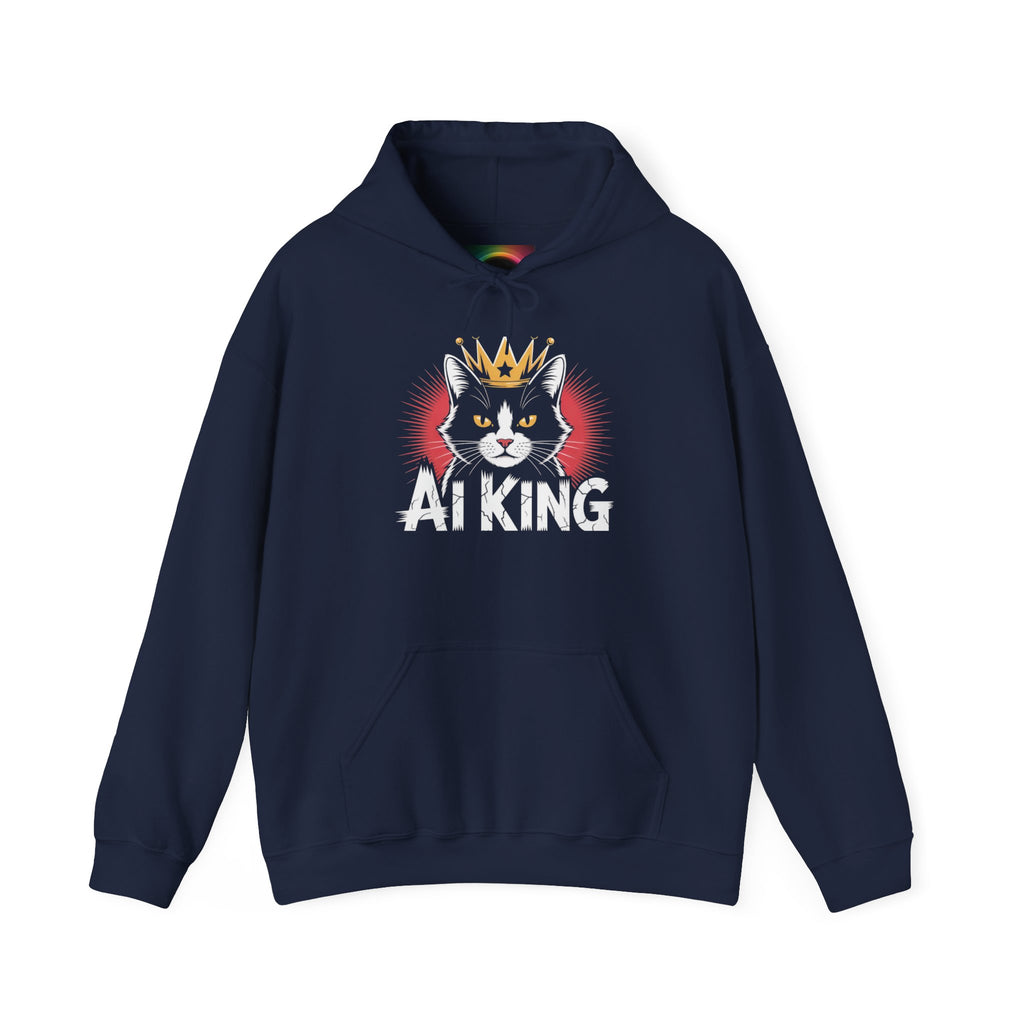 AI King Hoodie ""Glitch Monarch"" Cute Crowned Cat Graphic Pullover