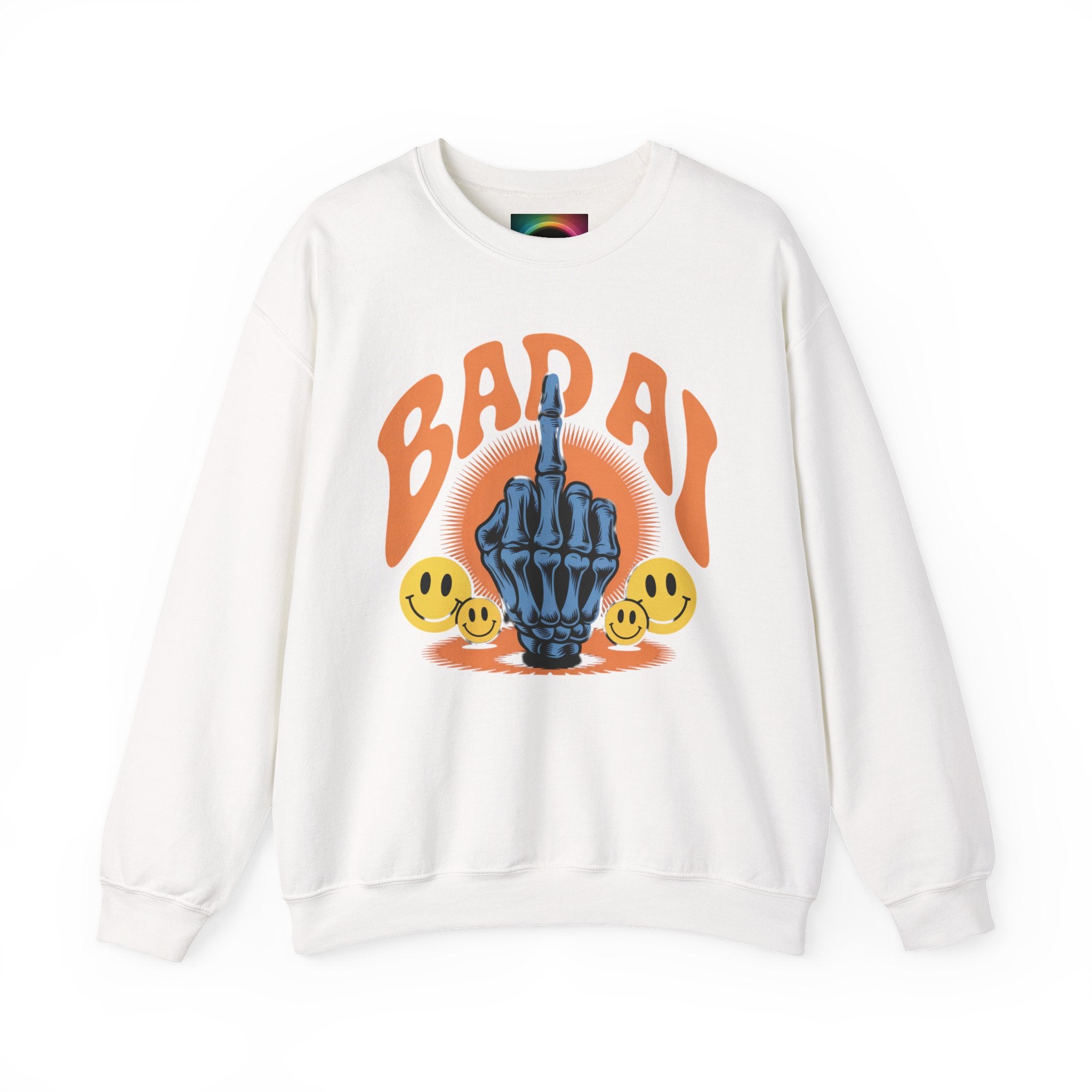 Bad AI Graphic Sweatshirt — Middle Finger Skeleton Hand with Smiley Faces