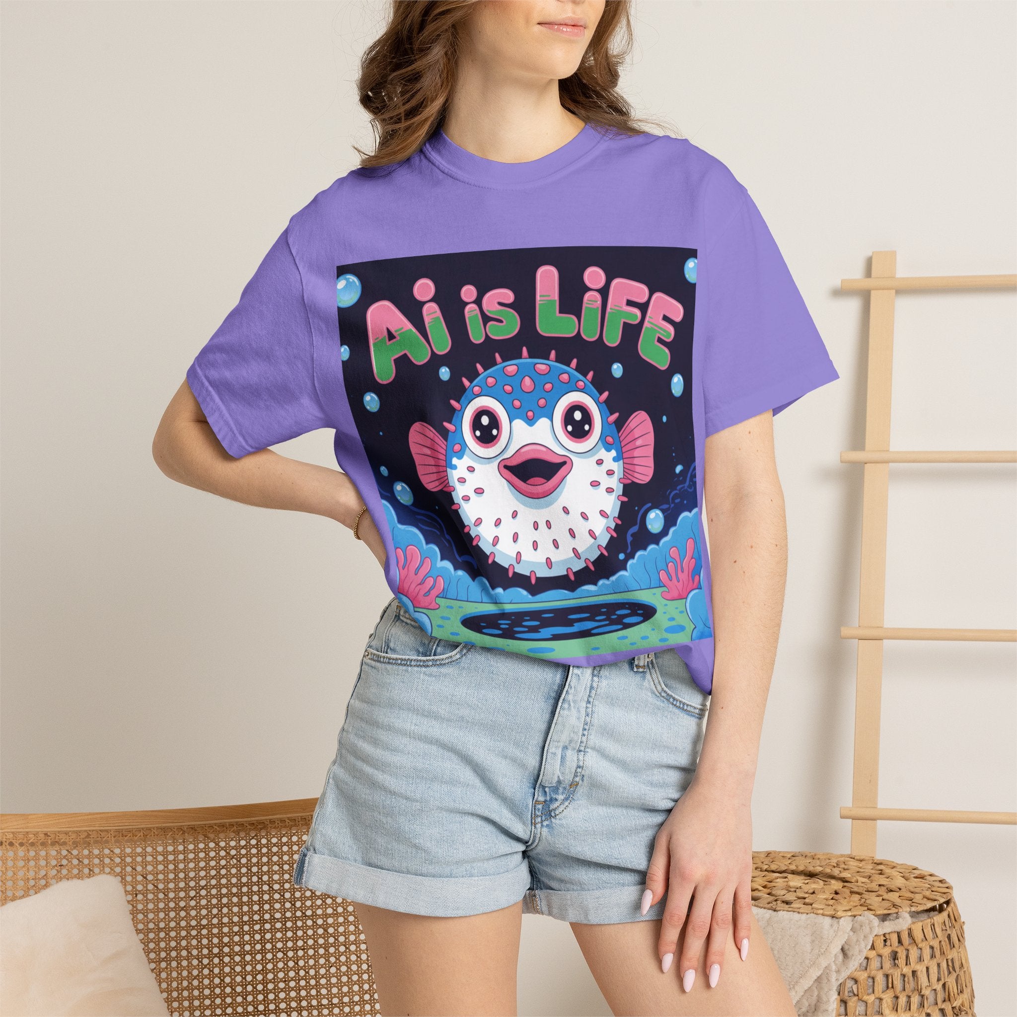 AI is LIFE  “Happy Blowfish Energy” ( Unisex Garment-Dyed T-shirt)
