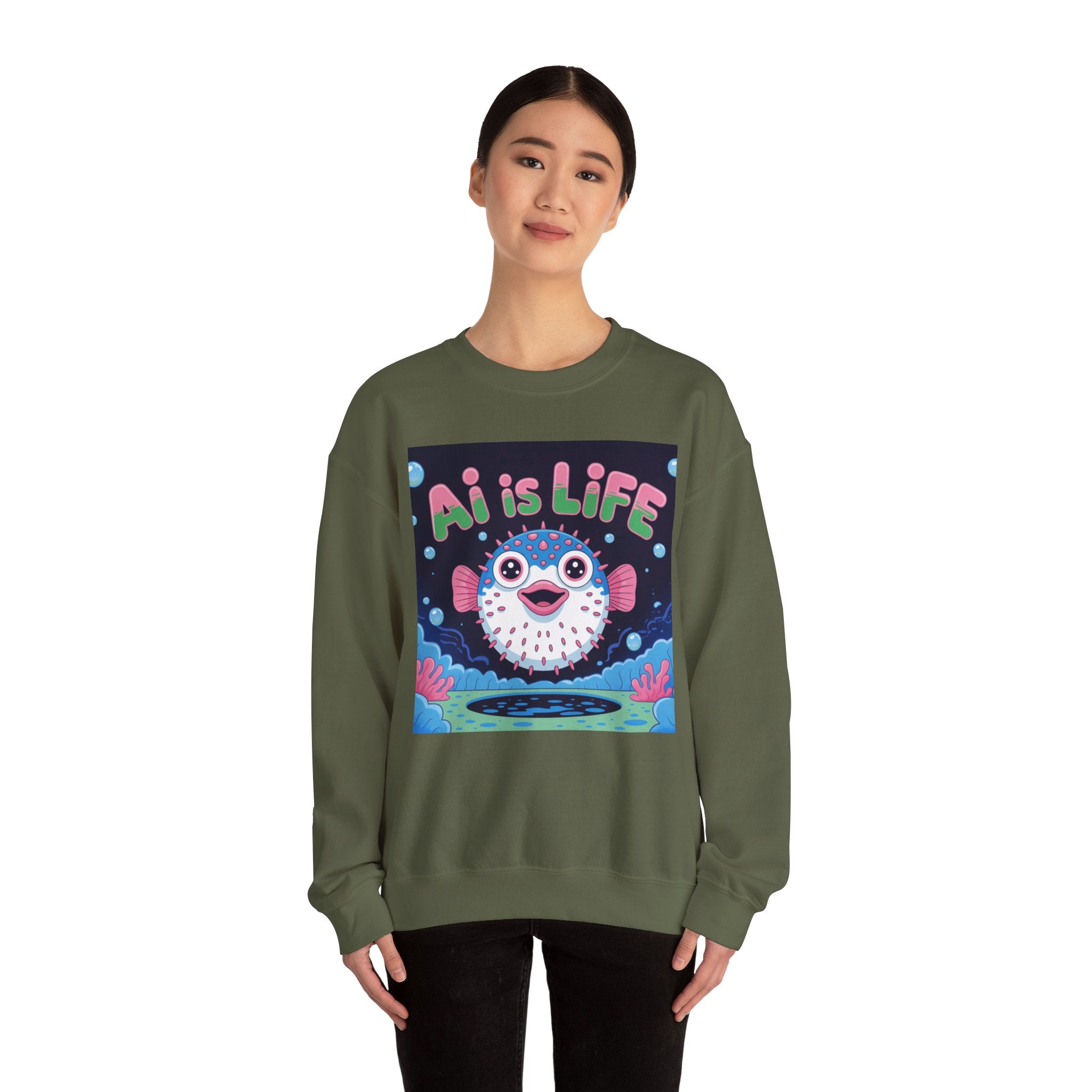 AI is LIFE “Happy Blowfish Energy” of Unisex Heavy Blend™ Crewneck Sweatshirt