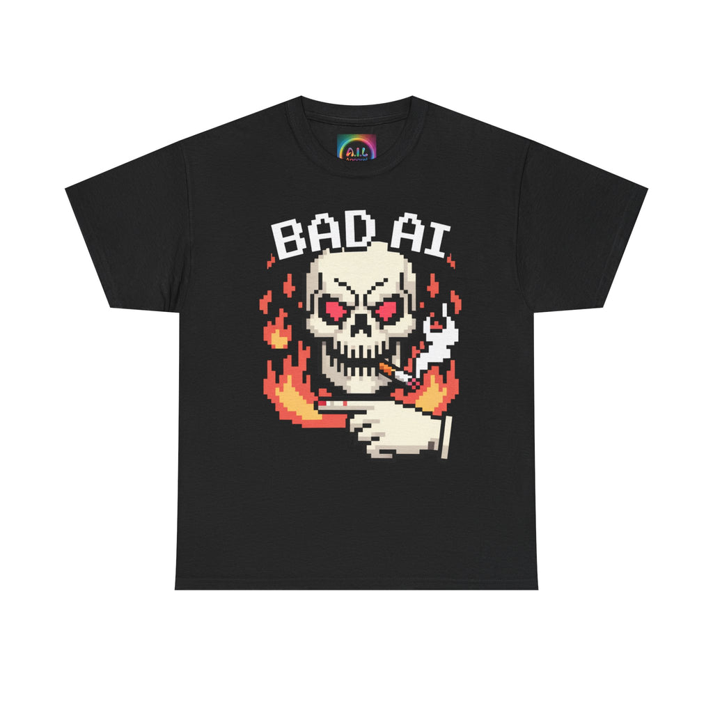 Bad AI Skull on Fire "CYBER BONE COMMAND" Pixel Art T-Shirt