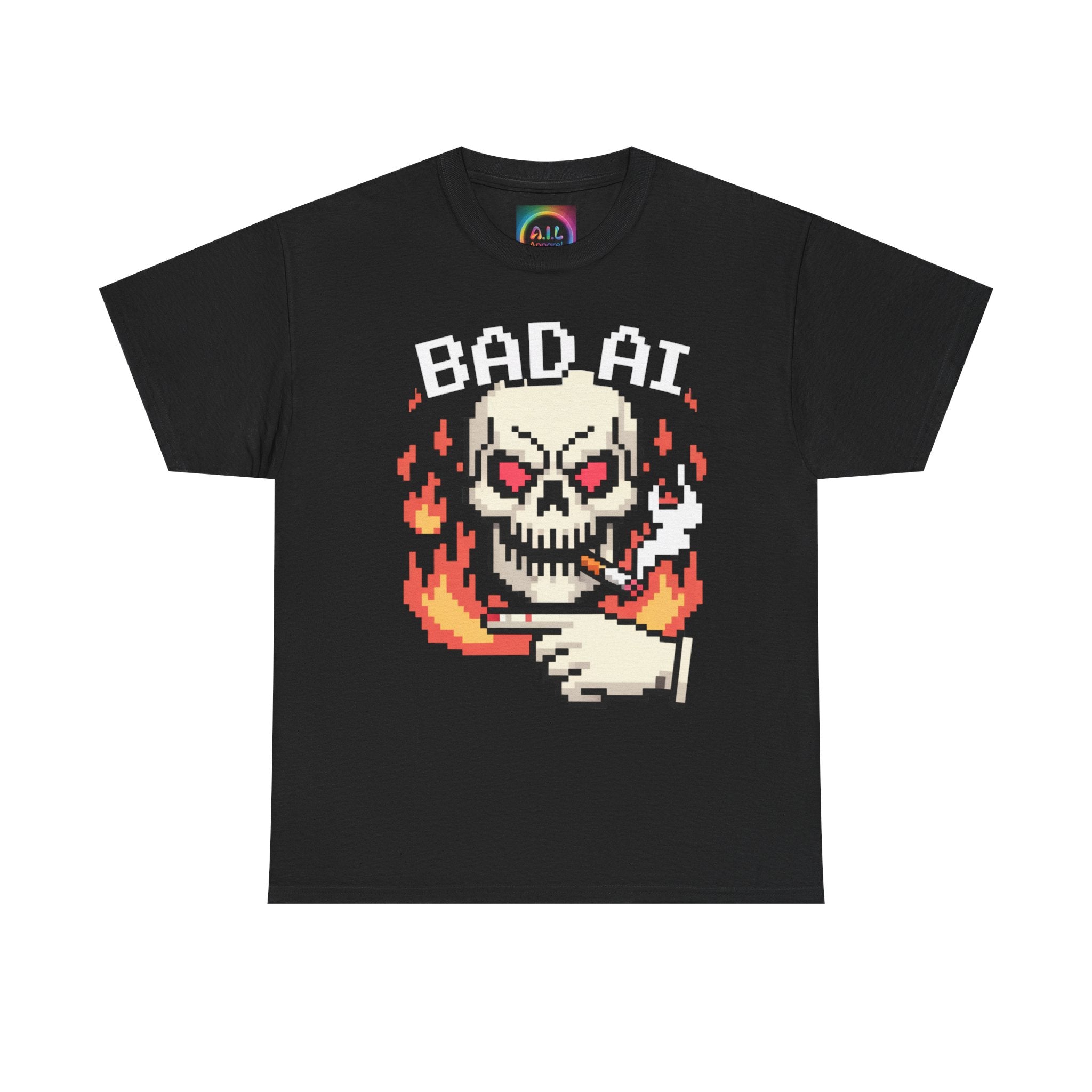 Bad AI Skull on Fire "CYBER BONE COMMAND" Pixel Art T-Shirt
