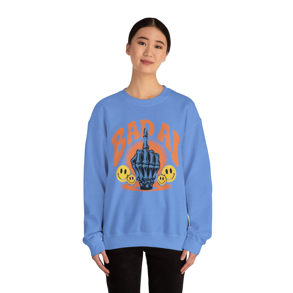 Bad AI Graphic Sweatshirt — Middle Finger Skeleton Hand with Smiley Faces