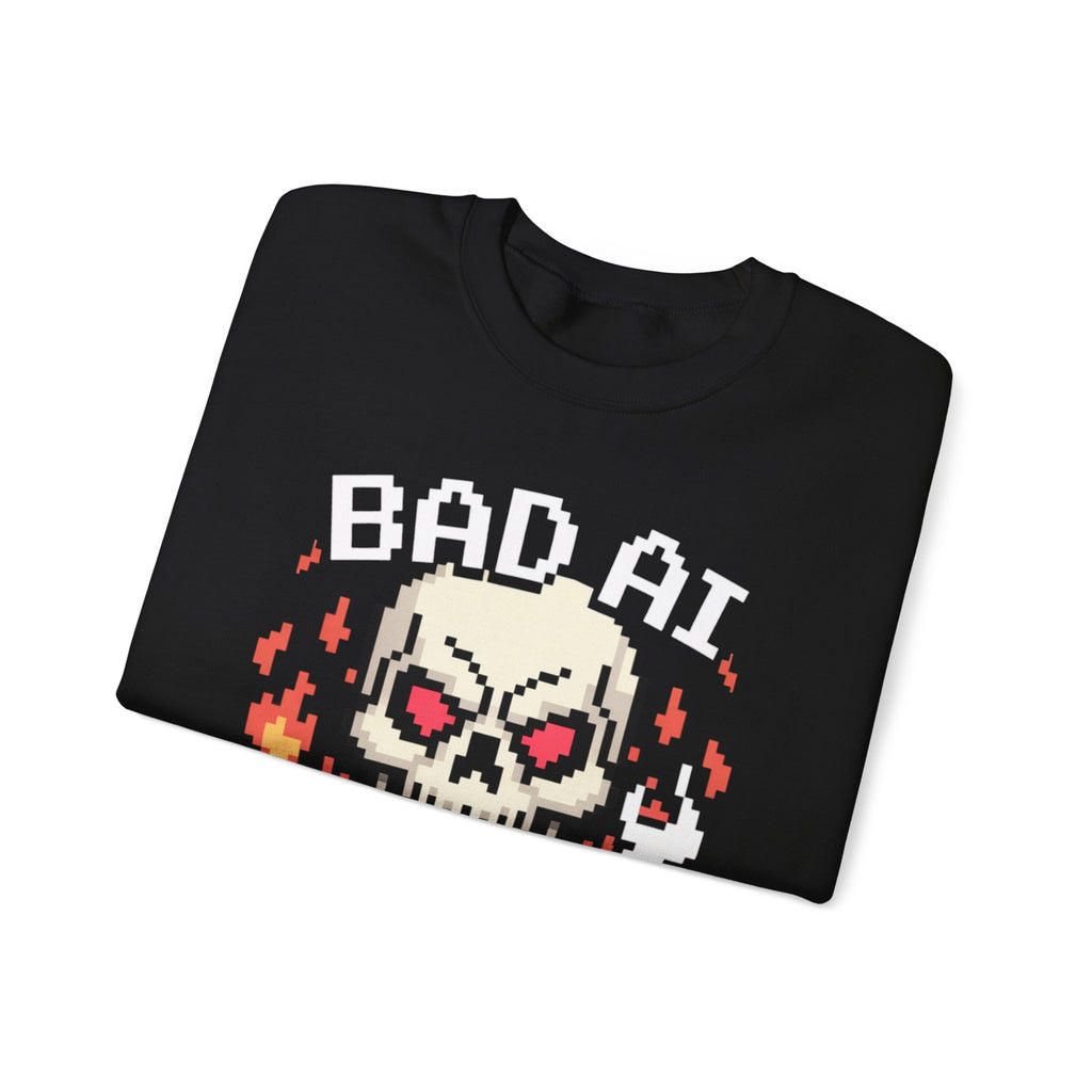 Bad AI Skull on Fire "CYBER BONE COMMAND" Pixel Art Sweatshirt