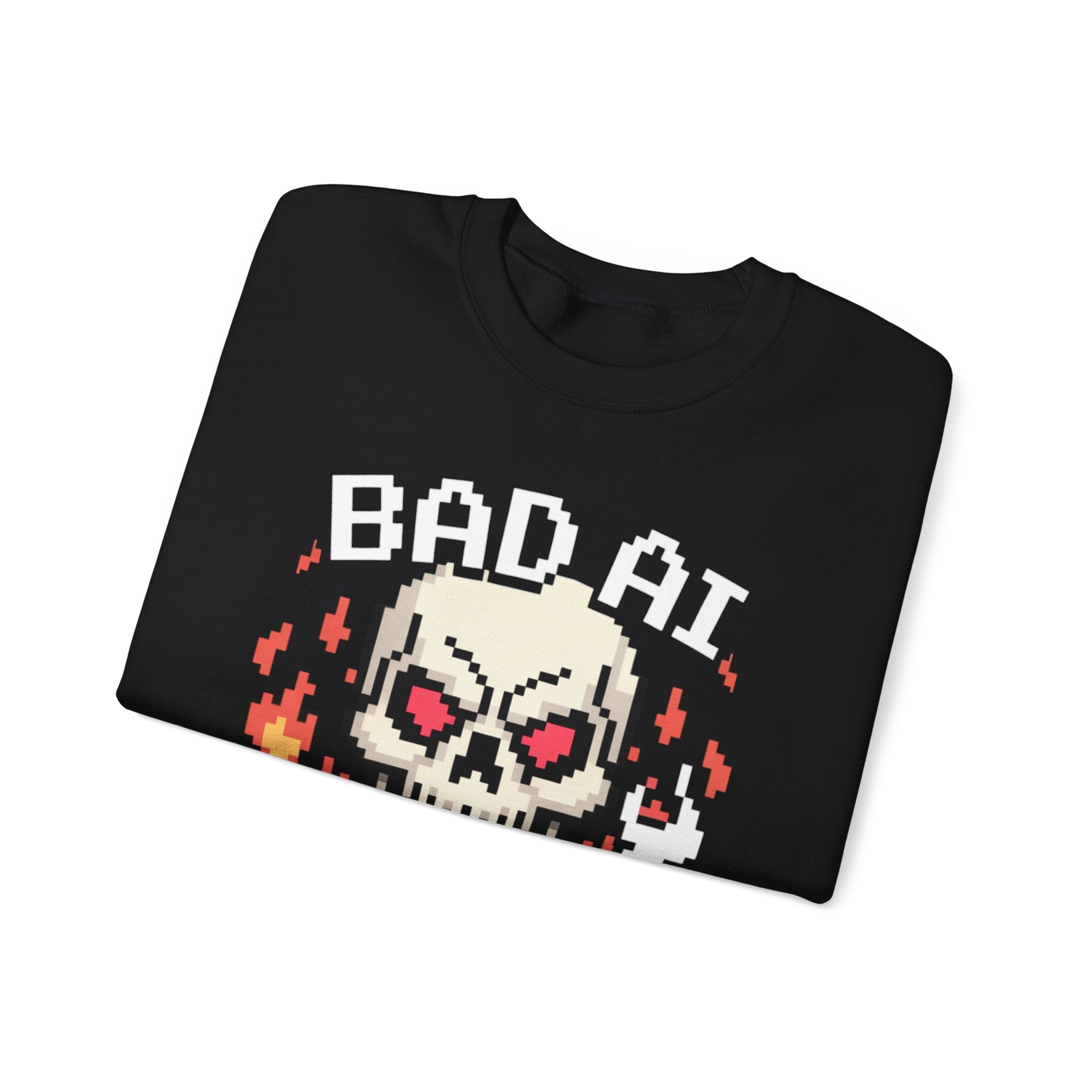 Bad AI Skull on Fire "CYBER BONE COMMAND" Pixel Art Sweatshirt