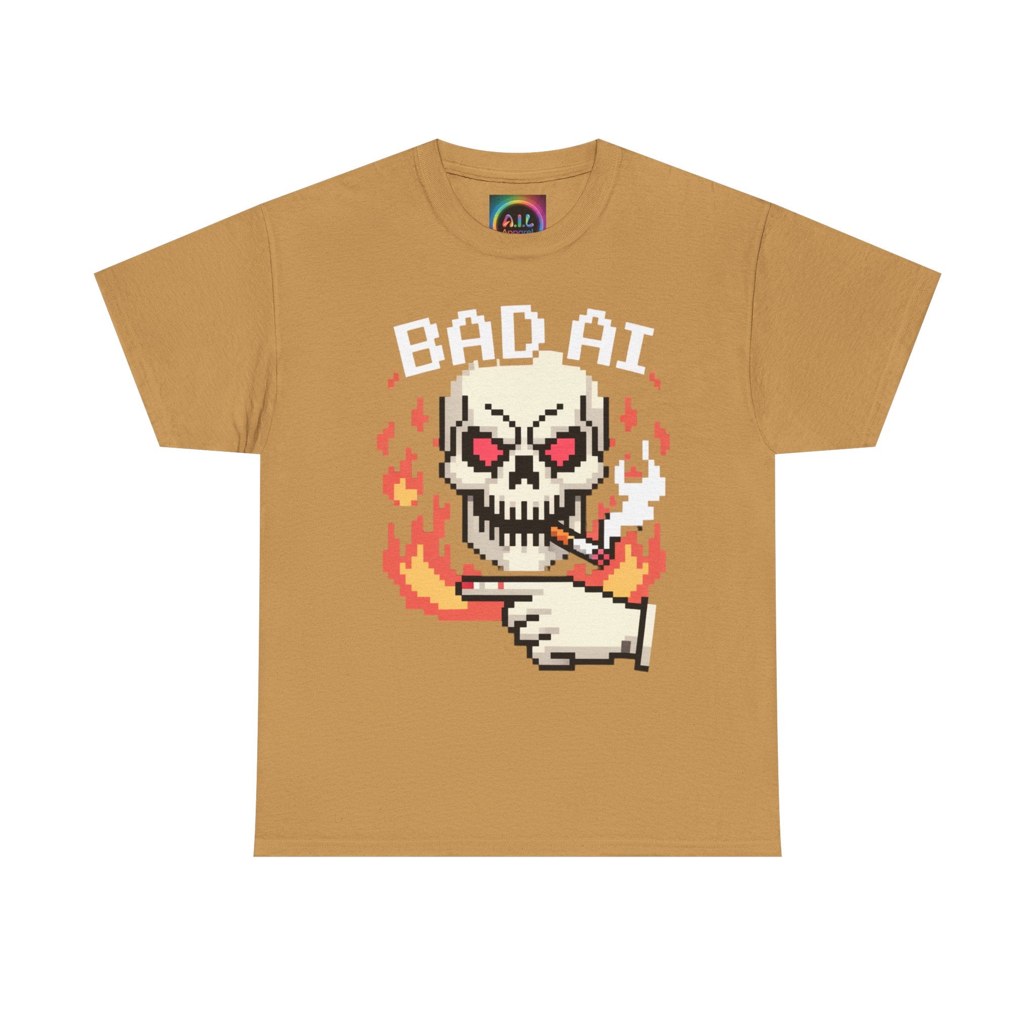 Bad AI Skull on Fire "CYBER BONE COMMAND" Pixel Art T-Shirt