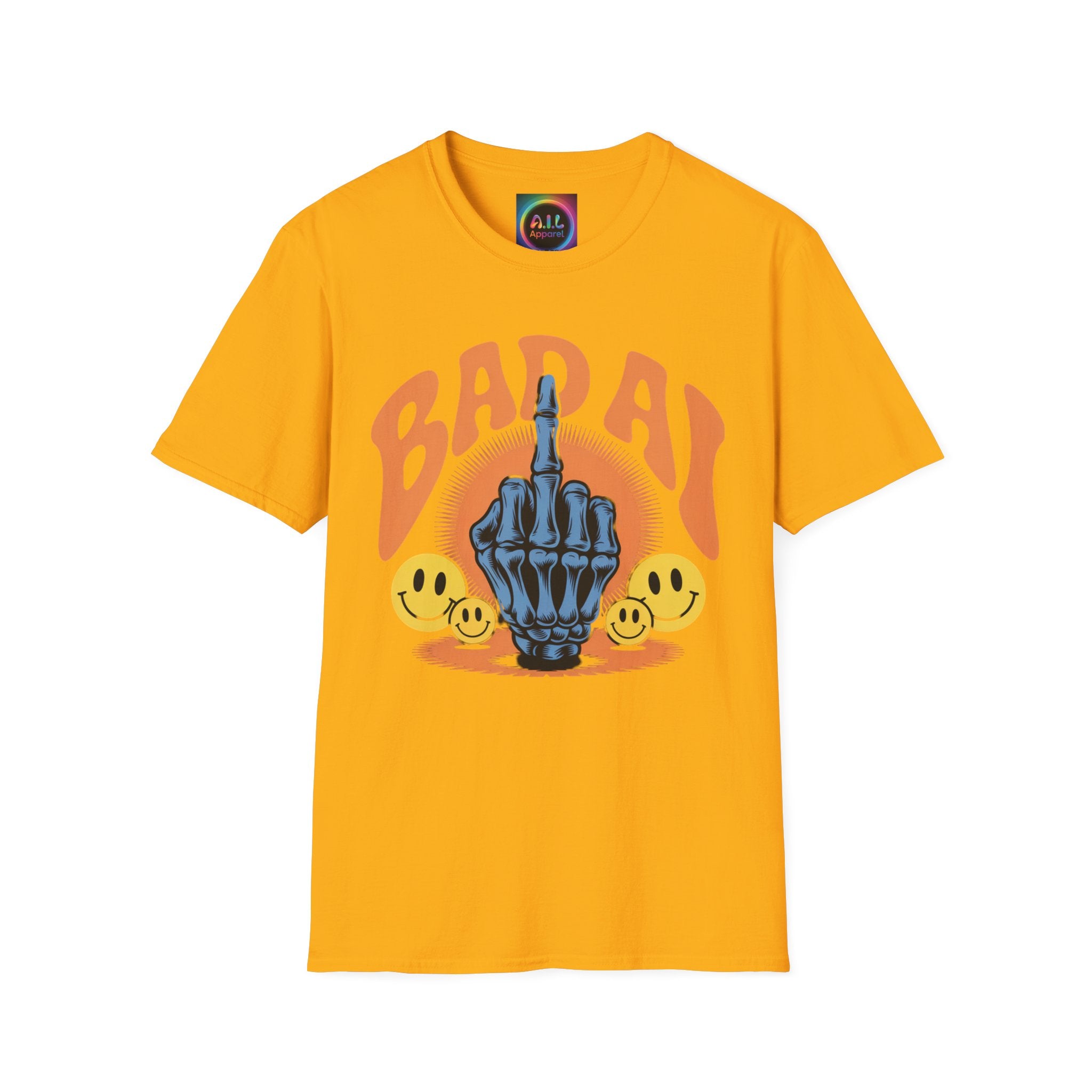 Bad AI Graphic T-Shirt — Middle Finger Skeleton Hand with Smiley Faces
