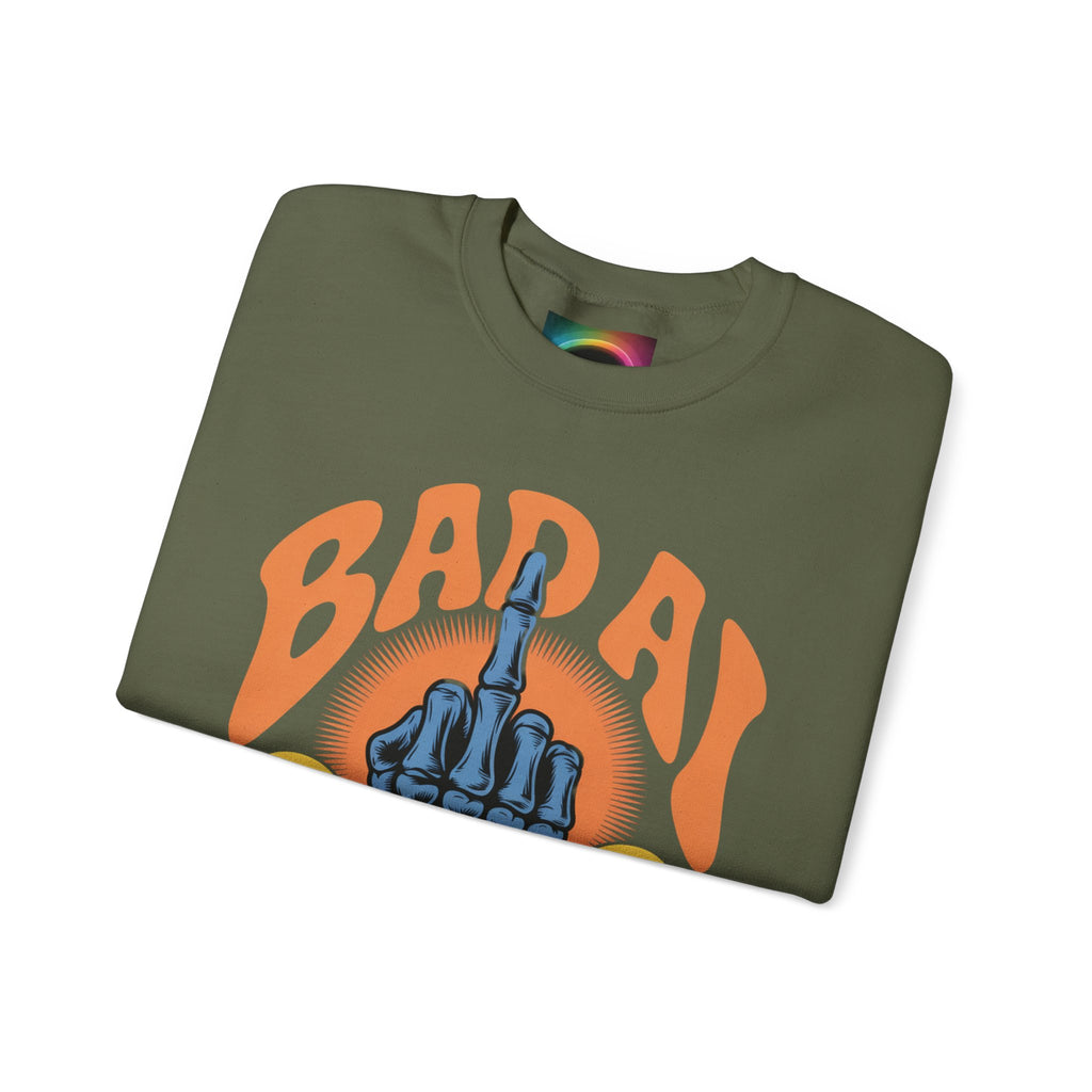 Bad AI Graphic Sweatshirt — Middle Finger Skeleton Hand with Smiley Faces