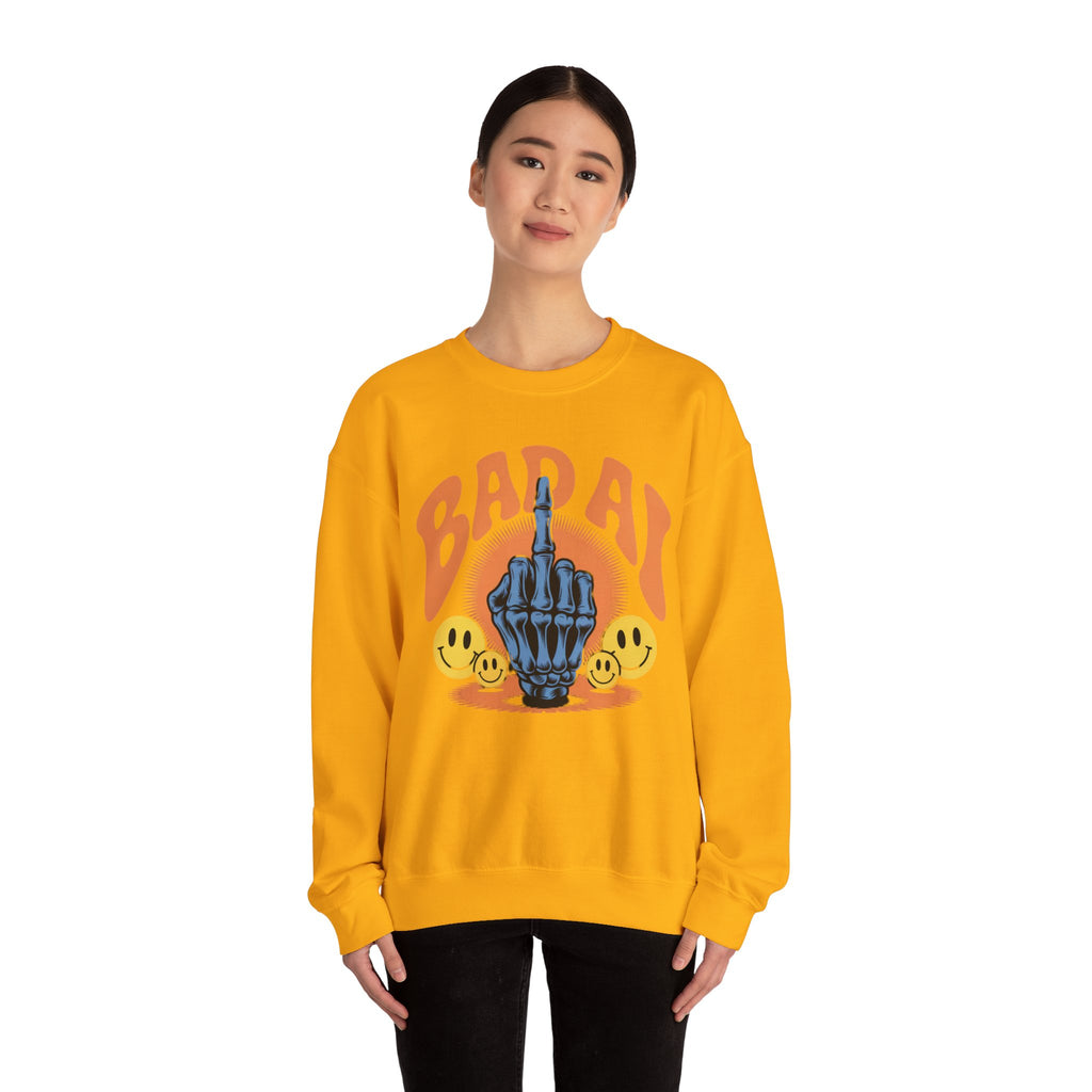 Bad AI Graphic Sweatshirt — Middle Finger Skeleton Hand with Smiley Faces