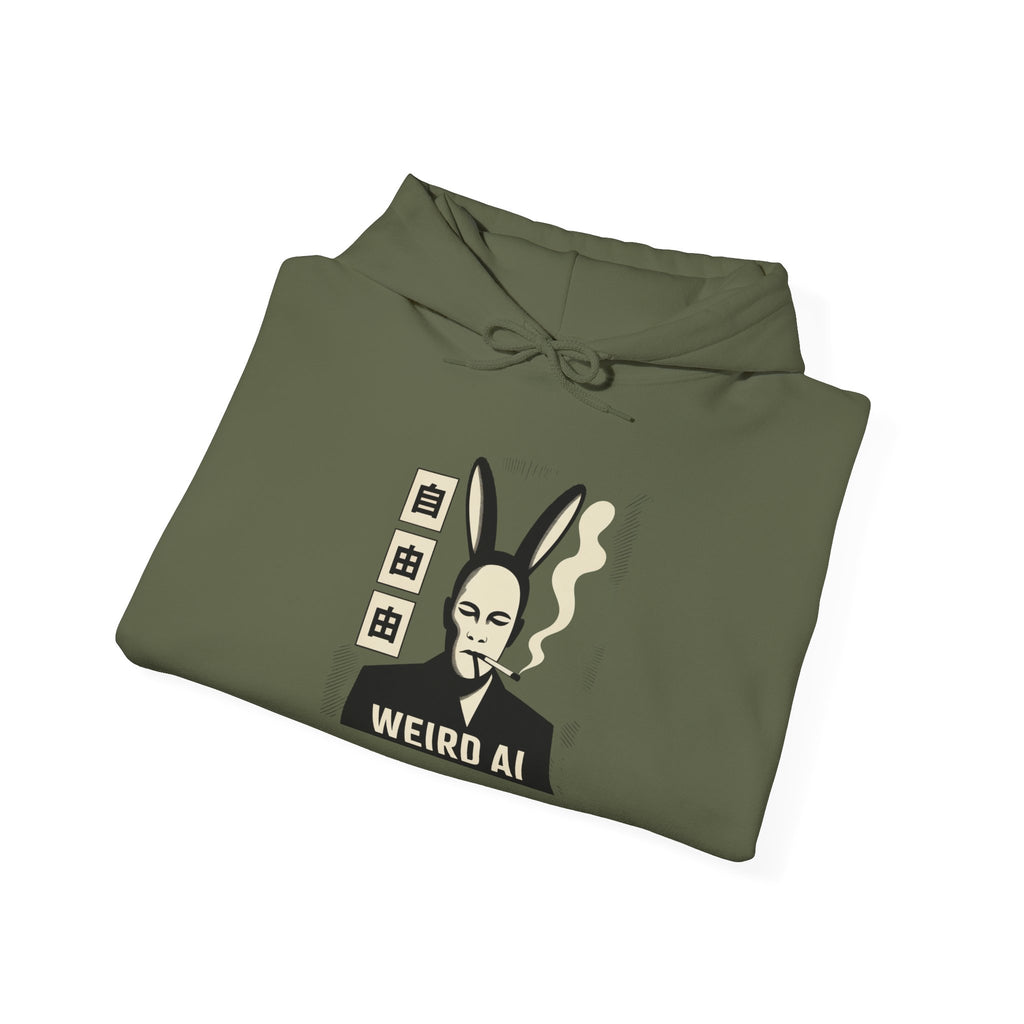 Weird AI Tee "CYBER RABBIT NOIR" Retro Bunny-Masked AI Graphic Hoodie