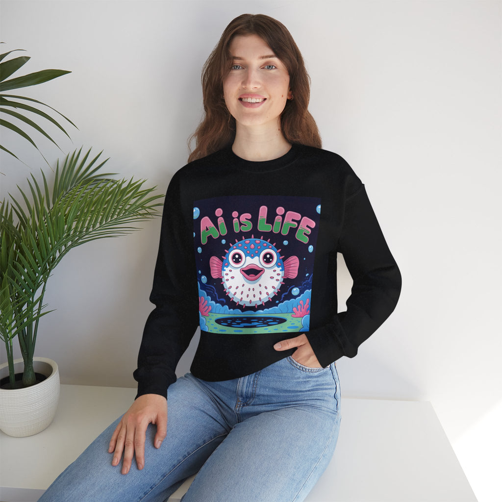 AI is LIFE “Happy Blowfish Energy” of Unisex Heavy Blend™ Crewneck Sweatshirt