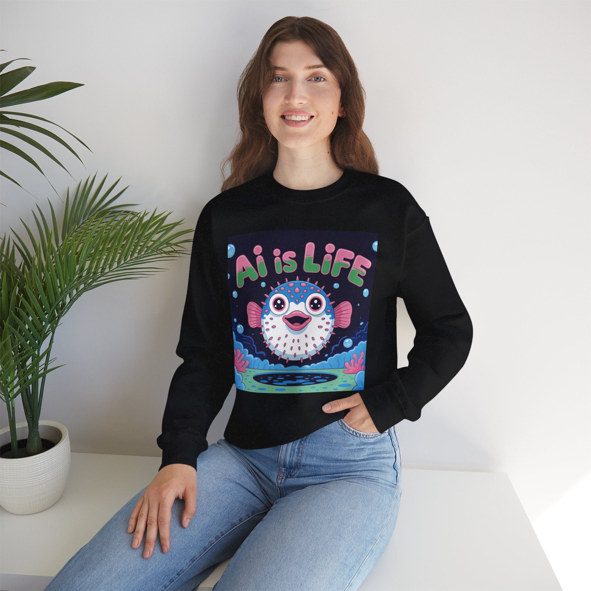 AI is LIFE “Happy Blowfish Energy” of Unisex Heavy Blend™ Crewneck Sweatshirt