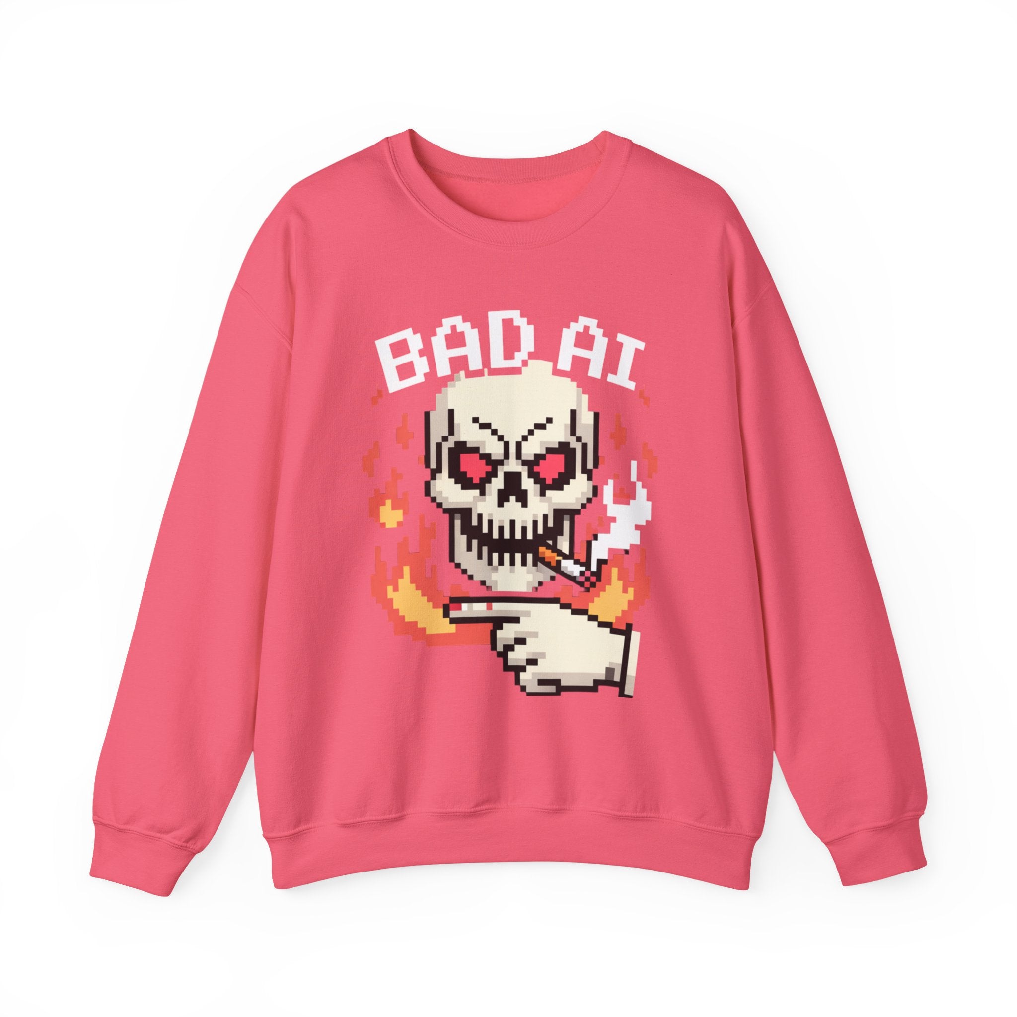 Bad AI Skull on Fire "CYBER BONE COMMAND" Pixel Art Sweatshirt