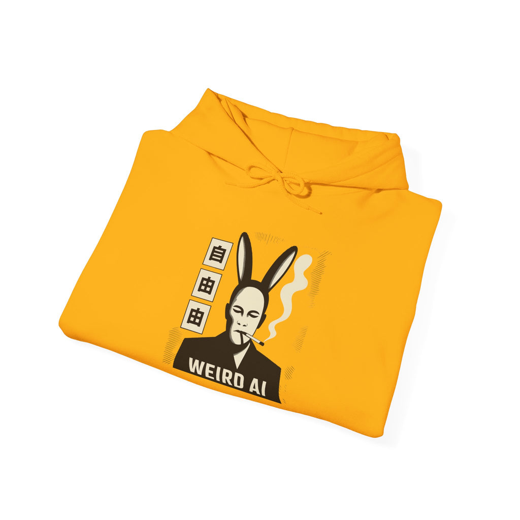 Weird AI Tee "CYBER RABBIT NOIR" Retro Bunny-Masked AI Graphic Hoodie
