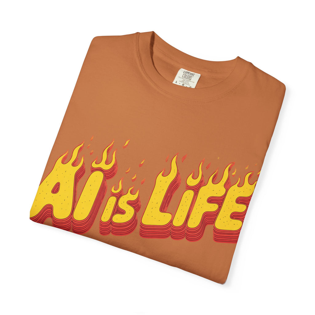 AI is LIFE “FLAME CODE” Unisex Garment-Dyed T-Shirt, Casual Wear,
