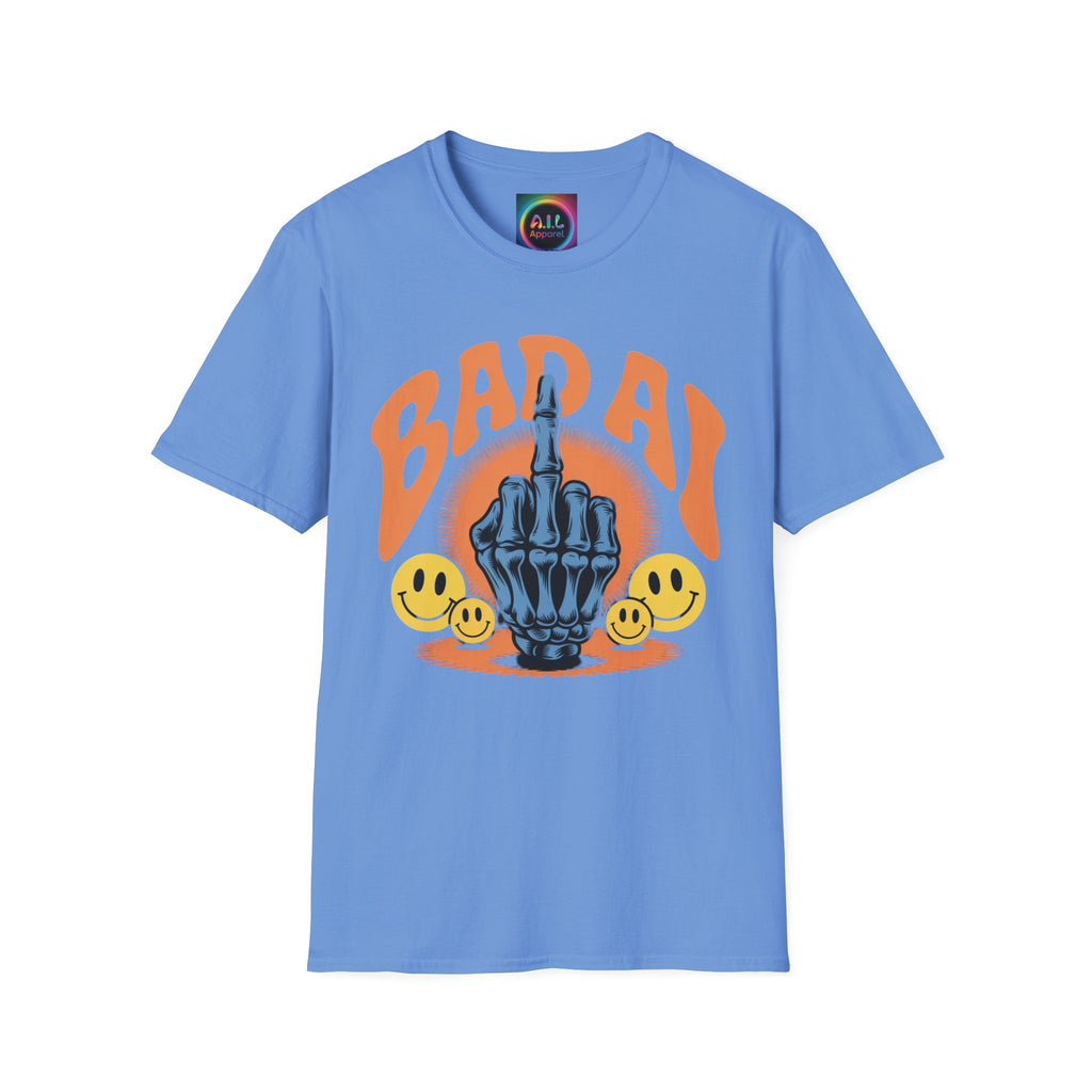 Bad AI Graphic T-Shirt — Middle Finger Skeleton Hand with Smiley Faces
