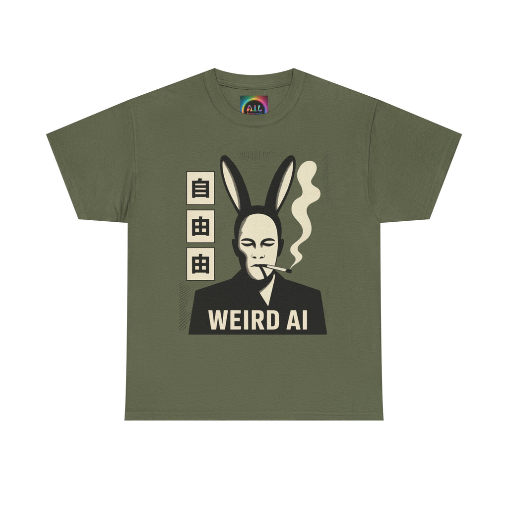 Weird AI Tee "CYBER RABBIT NOIR" Retro Bunny-Masked AI Graphic T-Shirt