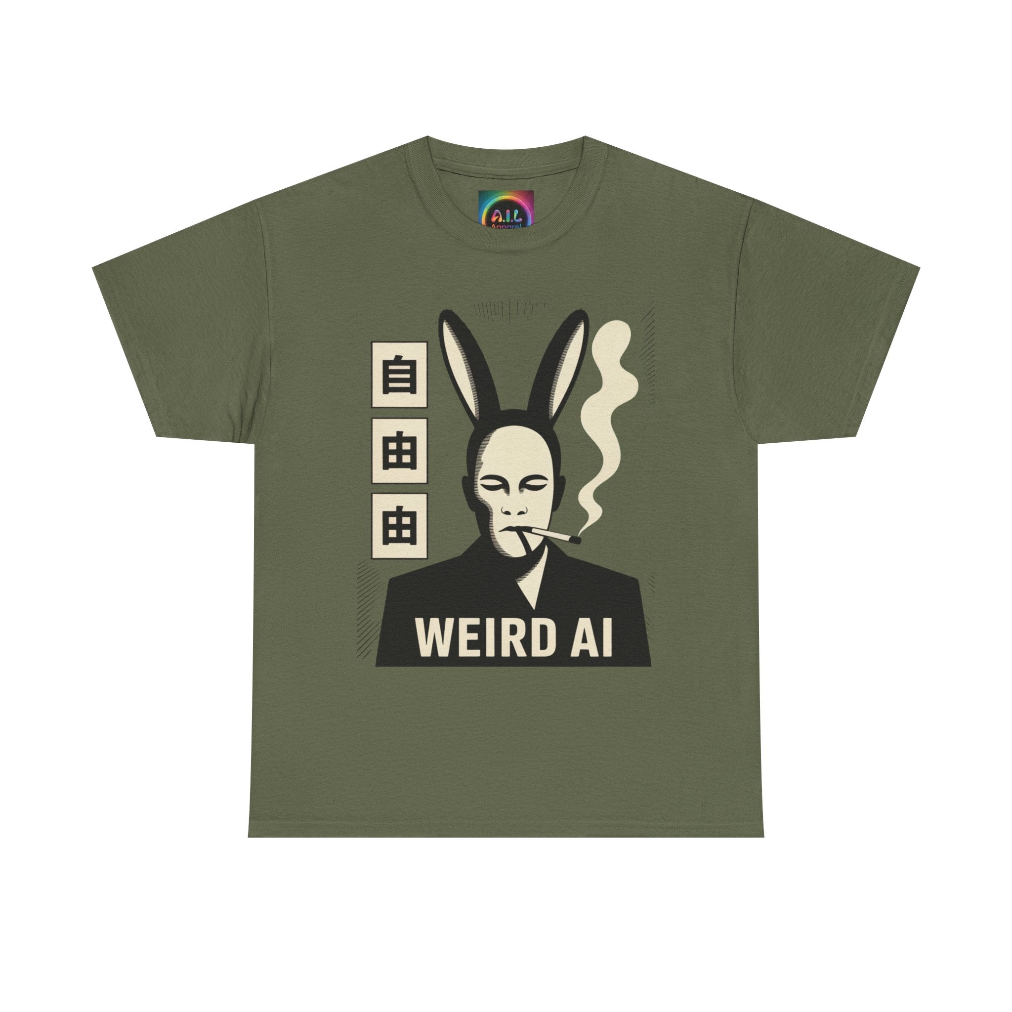 Weird AI Tee "CYBER RABBIT NOIR" Retro Bunny-Masked AI Graphic T-Shirt