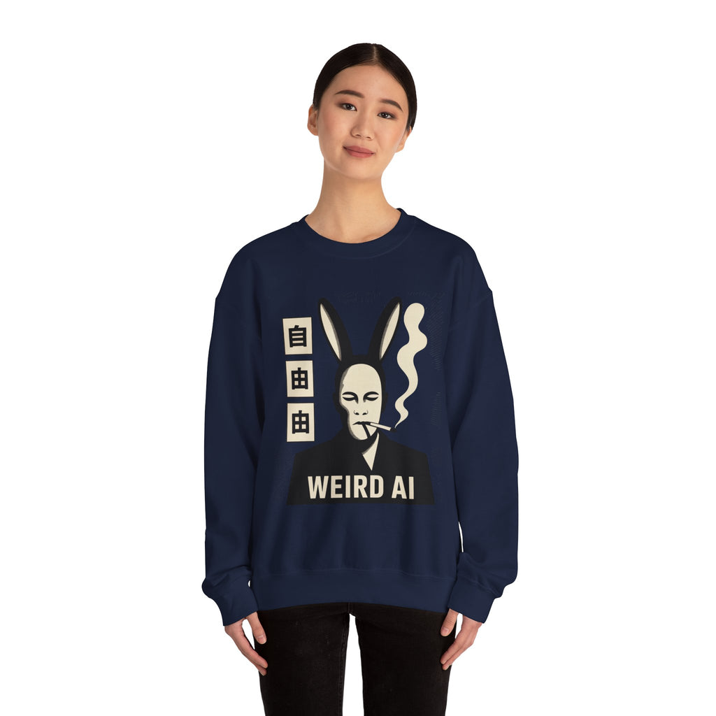 Weird AI Tee "CYBER RABBIT NOIR" Retro Bunny-Masked AI Graphic Crewneck Sweatshirt