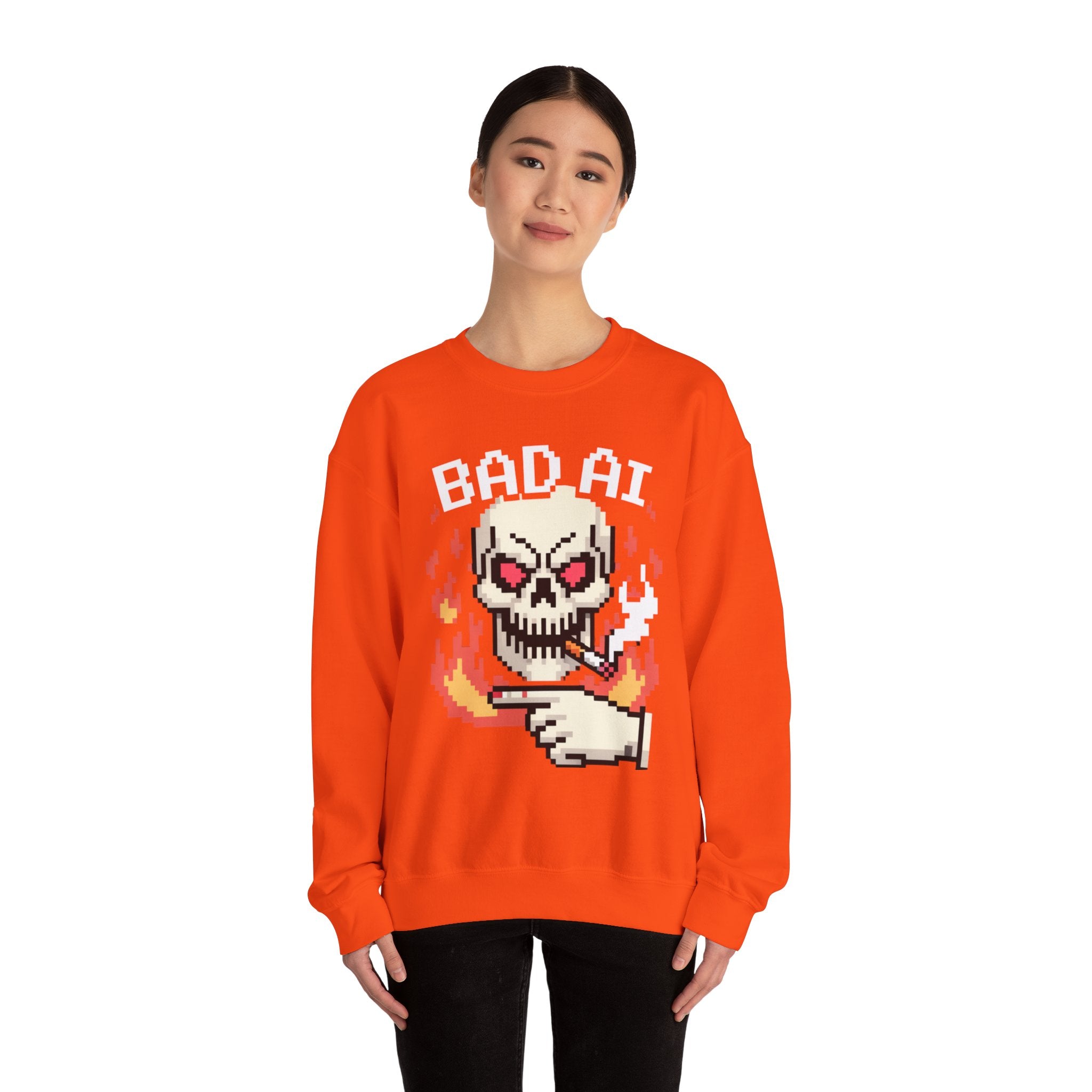 Bad AI Skull on Fire "CYBER BONE COMMAND" Pixel Art Sweatshirt