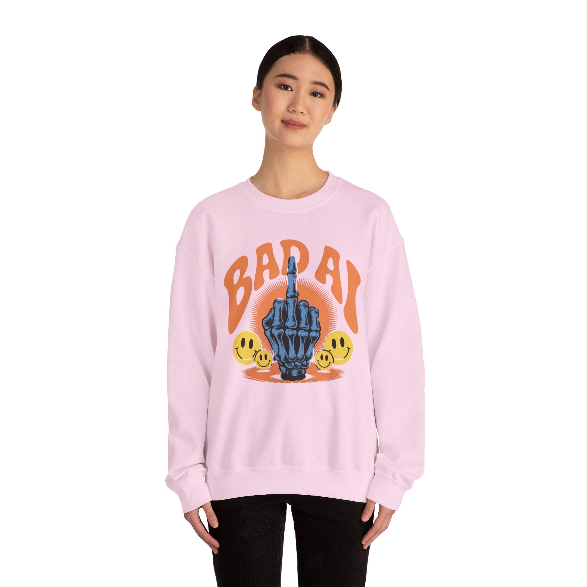 Bad AI Graphic Sweatshirt — Middle Finger Skeleton Hand with Smiley Faces