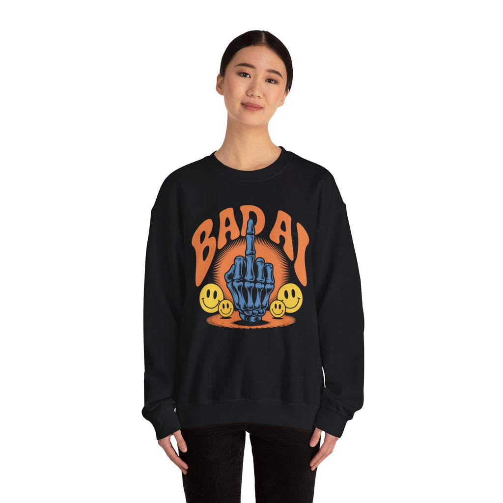 Bad AI Graphic Sweatshirt — Middle Finger Skeleton Hand with Smiley Faces