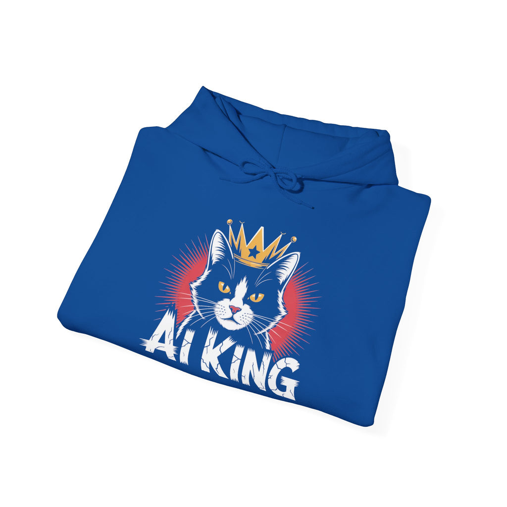 AI King Hoodie ""Glitch Monarch"" Cute Crowned Cat Graphic Pullover
