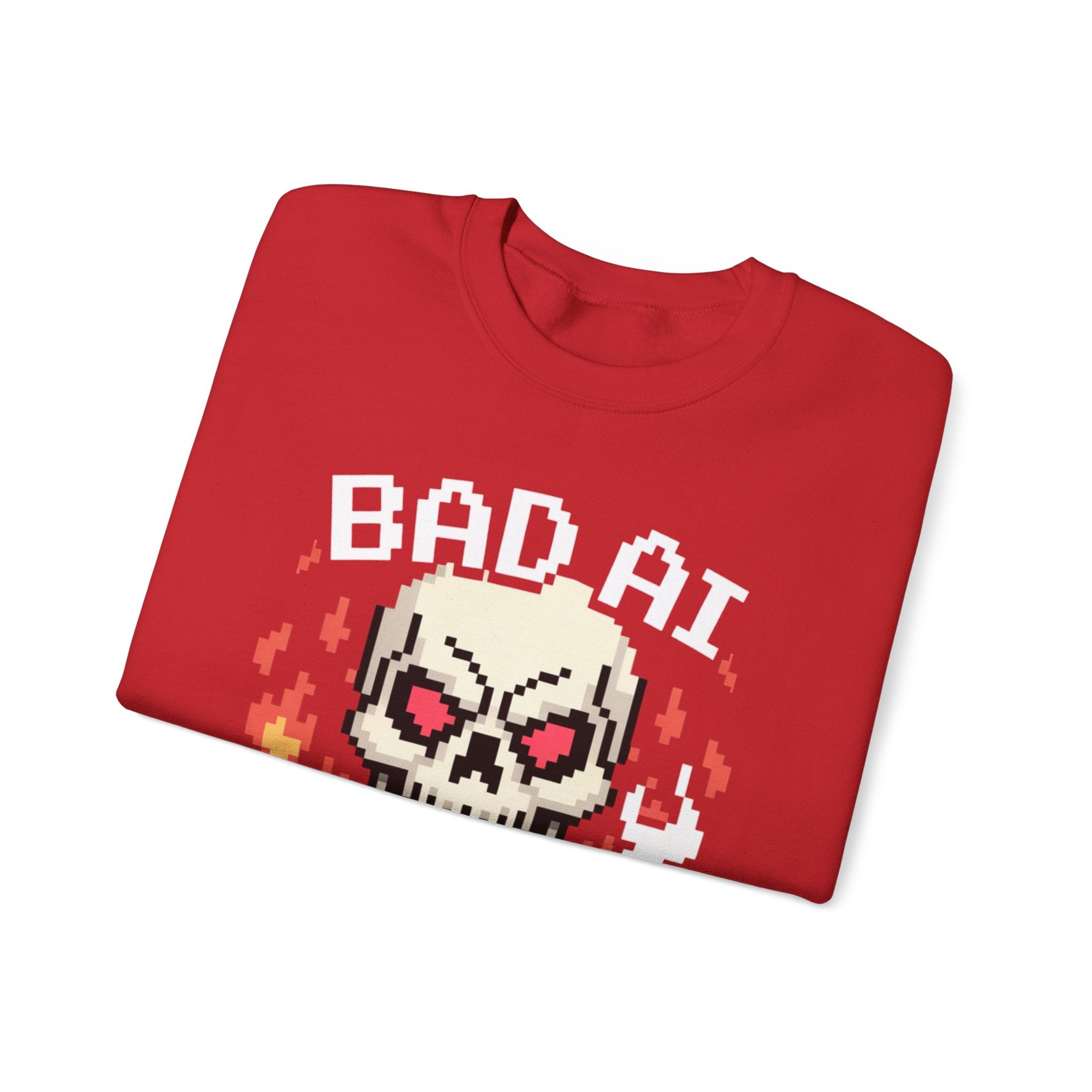 Bad AI Skull on Fire "CYBER BONE COMMAND" Pixel Art Sweatshirt
